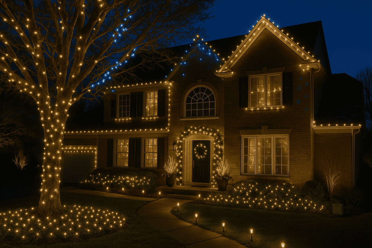 Beautifully illuminated home exterior with various types of holiday lighting