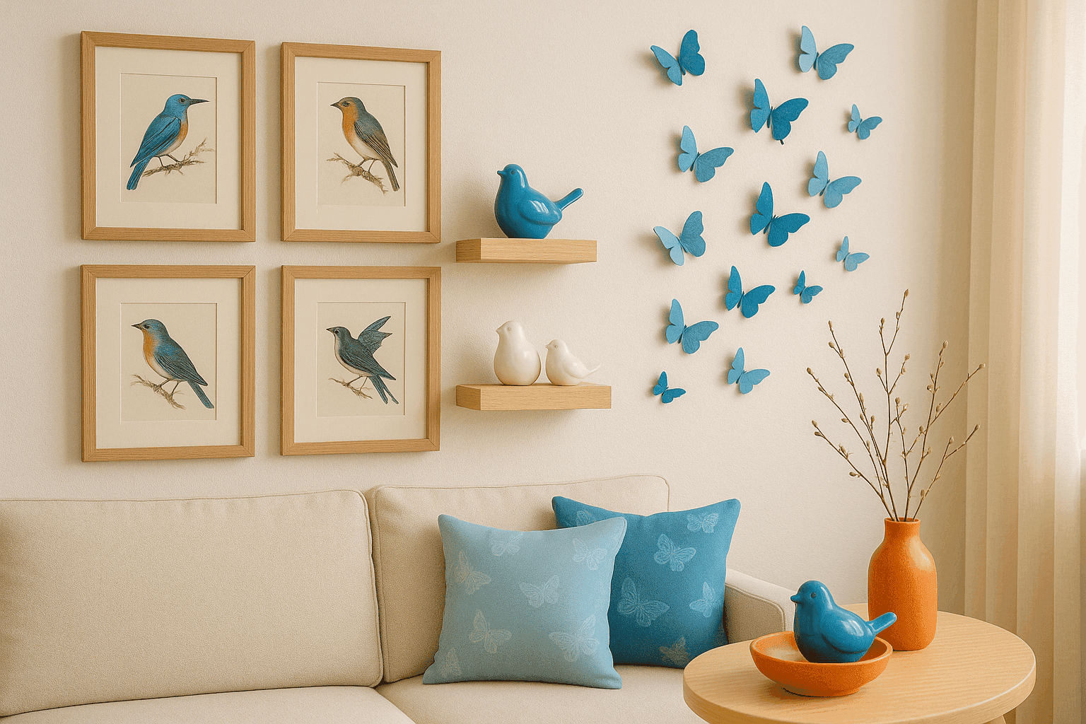 Elegant living space decorated with tasteful bird and butterfly motifs