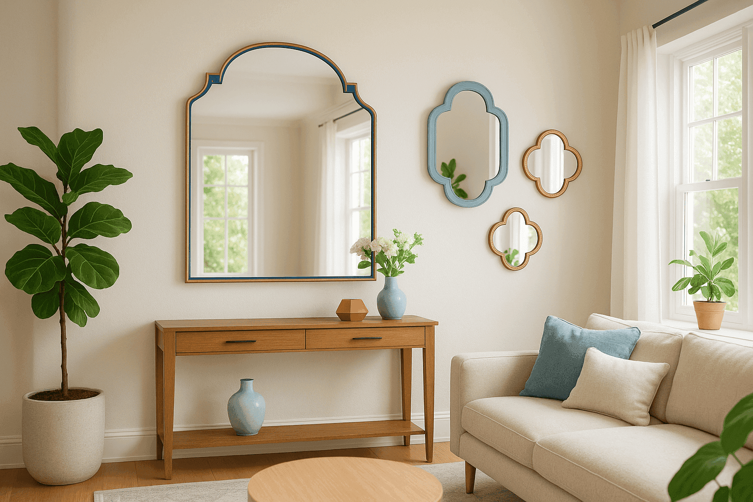 Bright room with strategically placed decorative mirror reflecting light and expanding the space