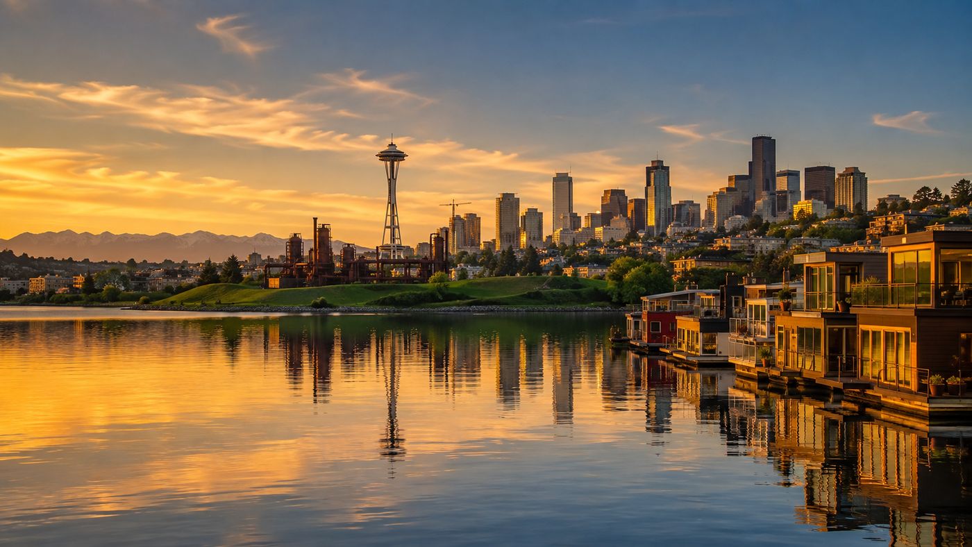 Lake Union in Seattle, Washington with the Space Needle and Downtown skyline reflected in the calm water at dusk