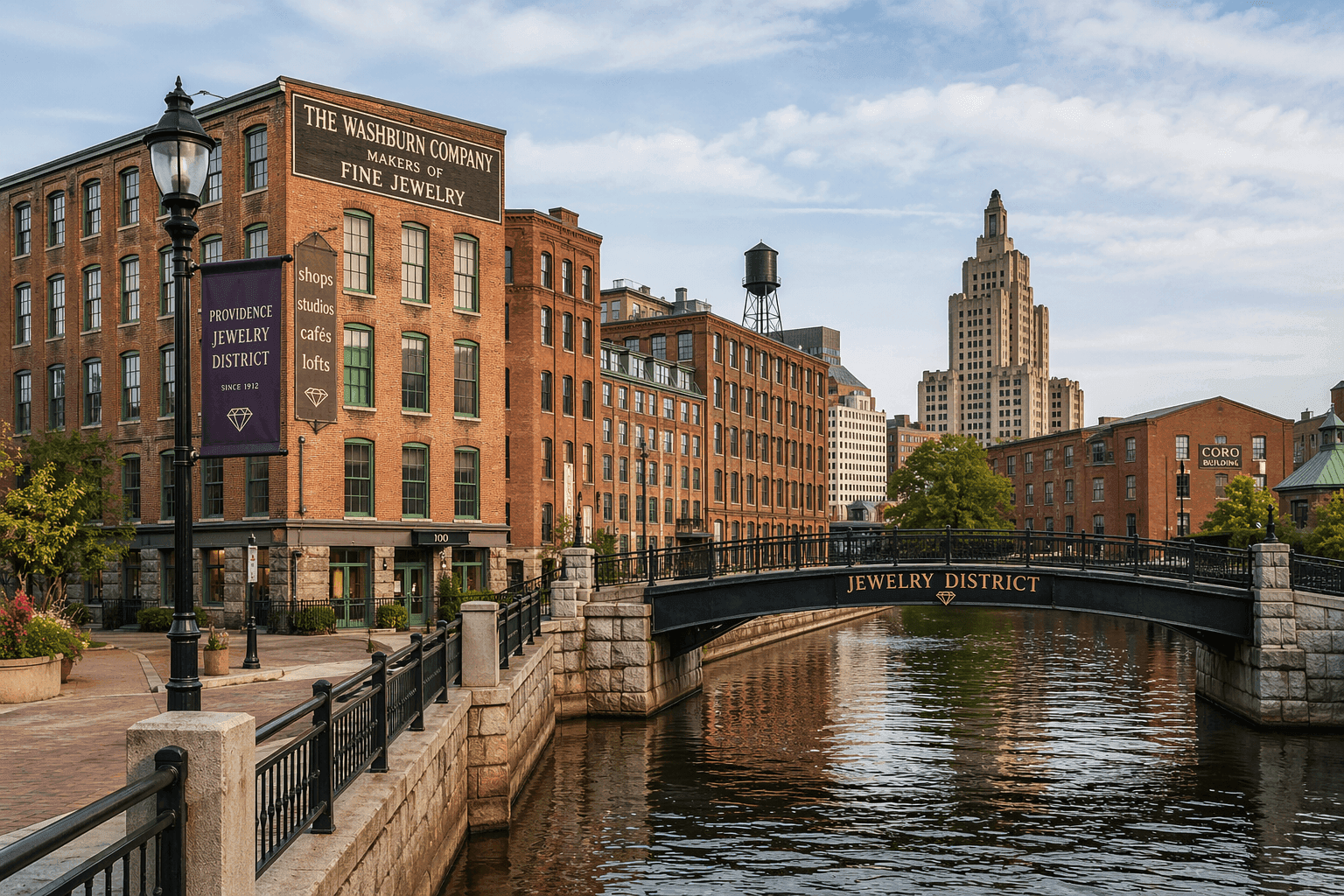 The historic Jewelry District in Providence, Rhode Island, with converted brick industrial buildings and a pedestrian river bridge nearby.