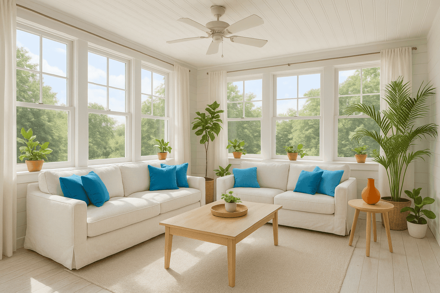 Bright and cozy sunroom with comfortable seating and plants