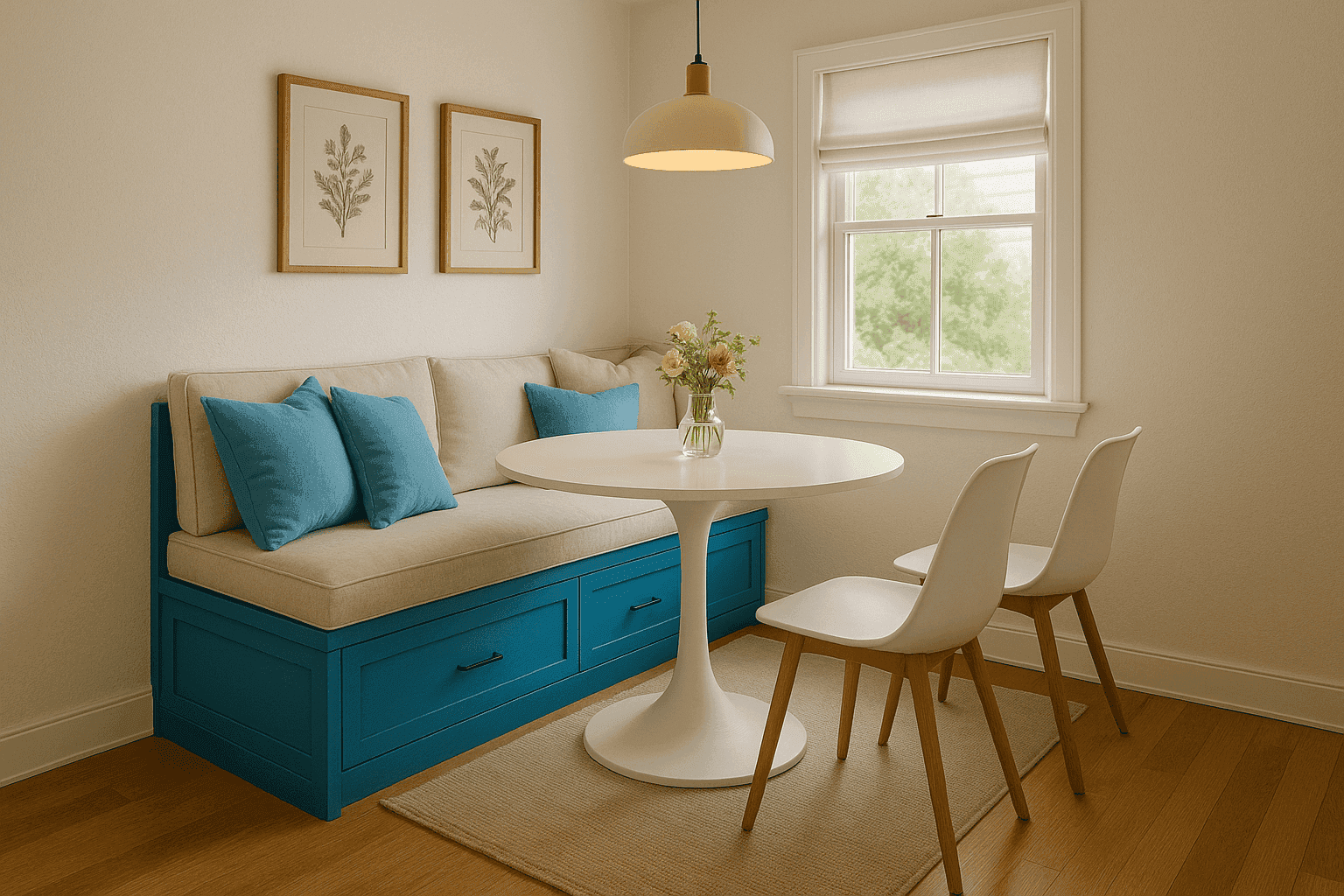 Cozy dining nook with round table, comfortable seating and pendant lighting