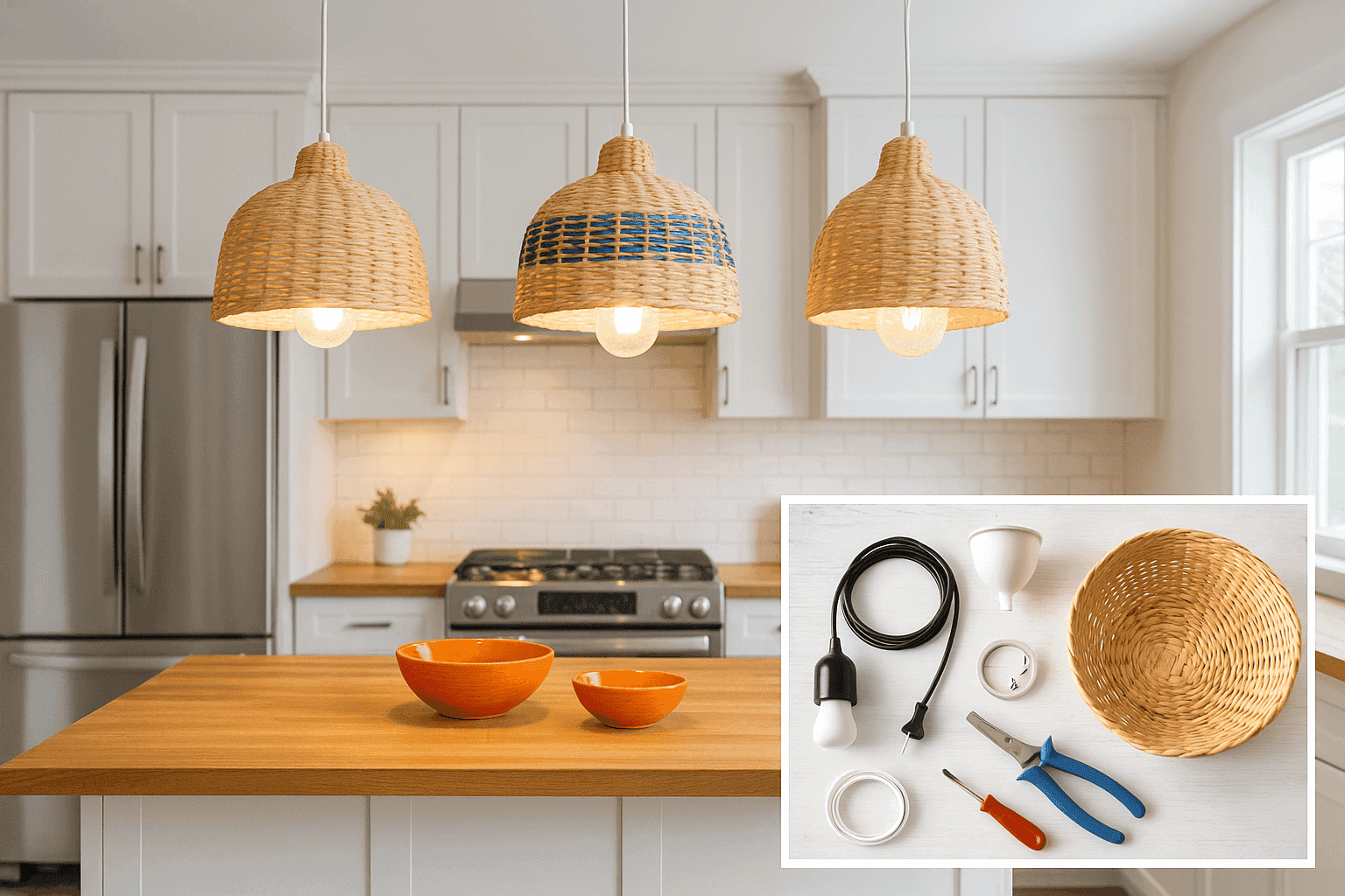 Kitchen island with three custom pendant lights made from woven baskets