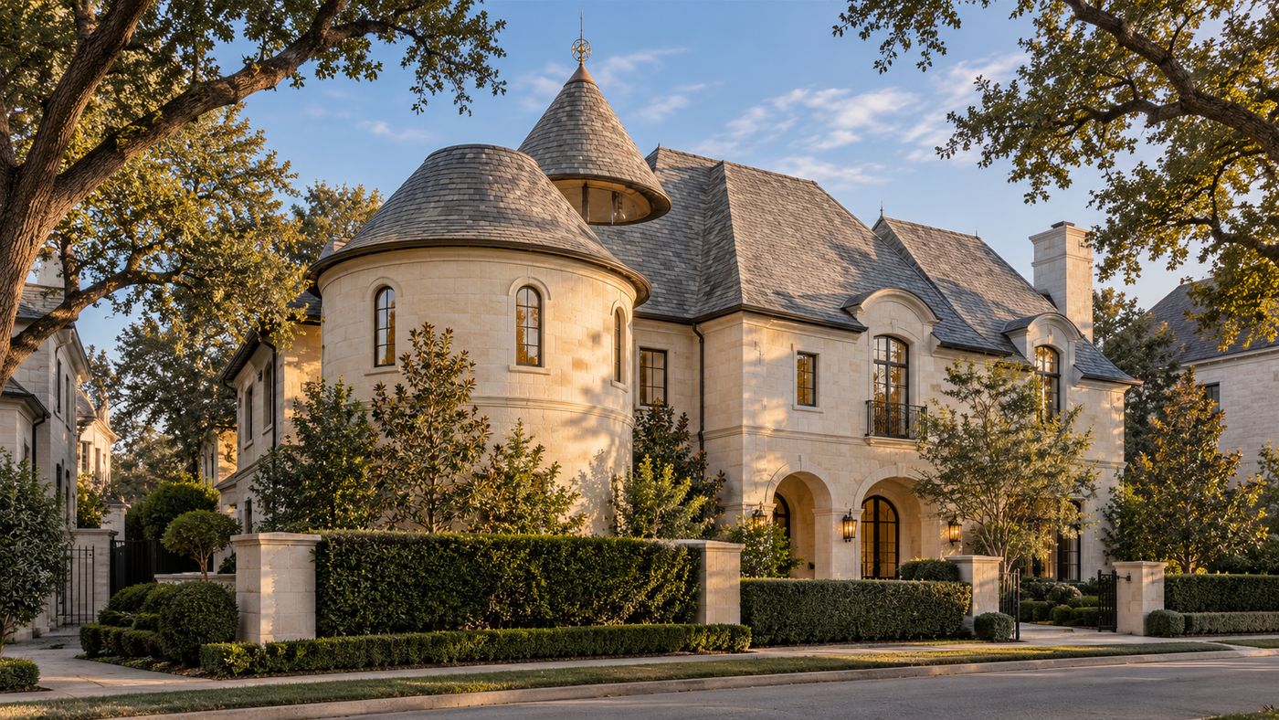 A limestone château-style home with a slate roof and round turret in Dallas, Texas