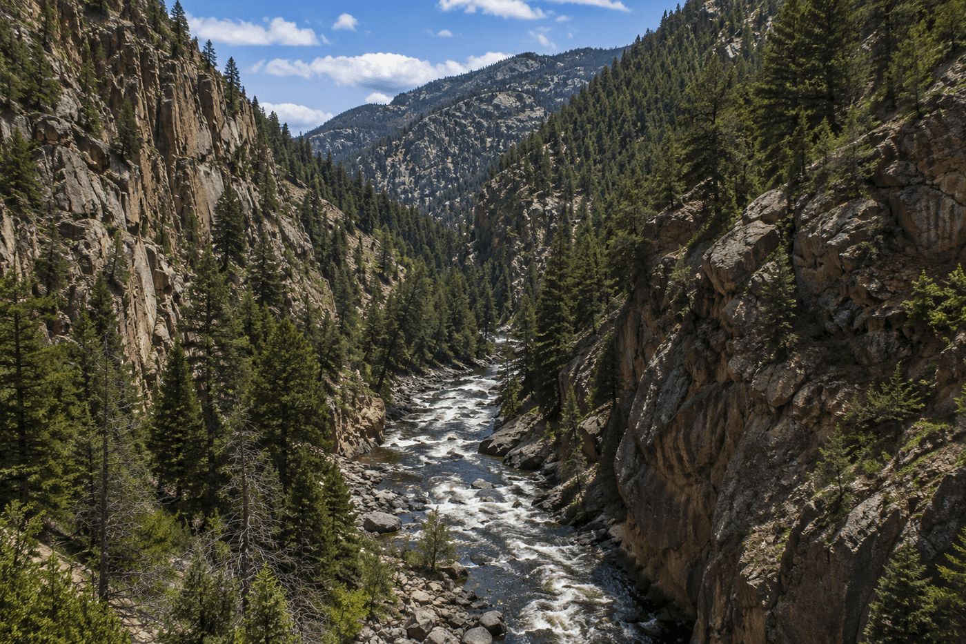 The Big Thompson Canyon near Drake, Colorado, with dramatic rock walls, dense evergreen forest, and the Big Thompson River running through the canyon below.