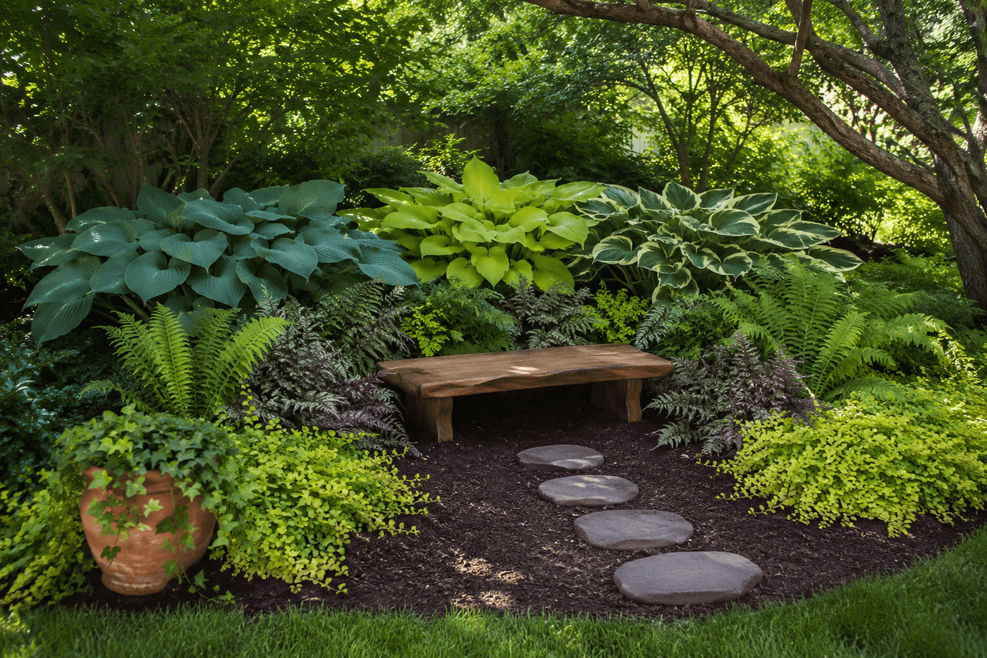 Lush shaded garden nook with layered hostas, ferns, and creeping Jenny surrounding a low teak bench on dark bark mulch with a smooth river stone path leading in, creating a deeply enclosed green sanctuary
