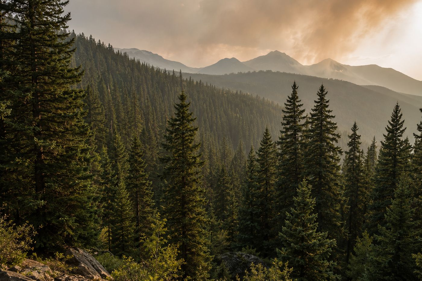 A dense pine forest in the mountains of southern Colorado near the Spanish Peaks, Weston area
