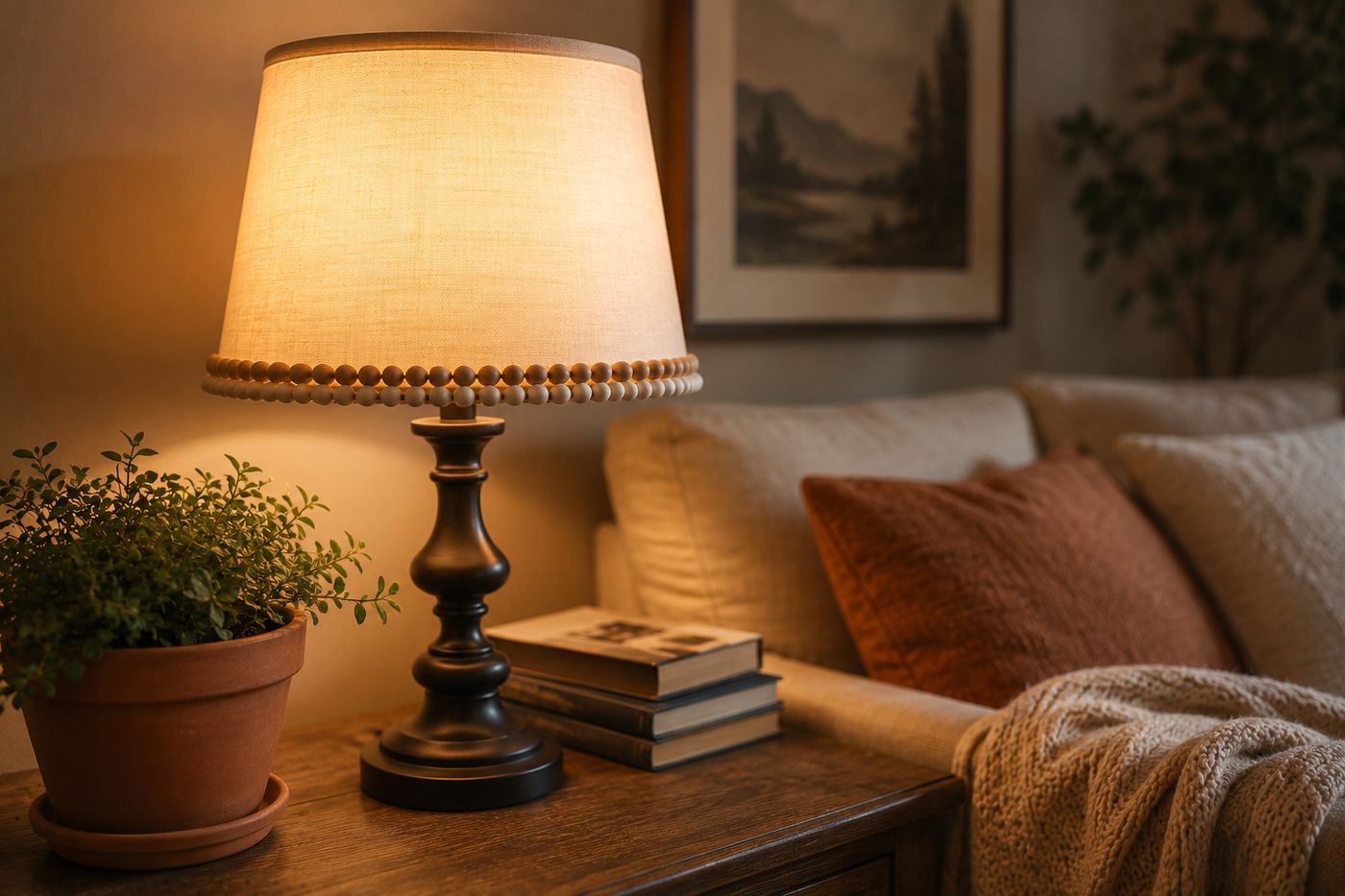 A plain lampshade transformed with a row of beaded trim along the bottom edge, sitting on a table lamp in a living room