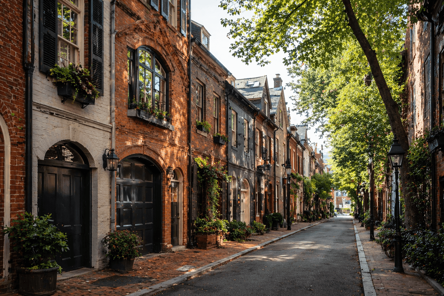 A quiet side street near Rittenhouse Square in Philadelphia, lined with historic converted carriage houses and rowhouses.