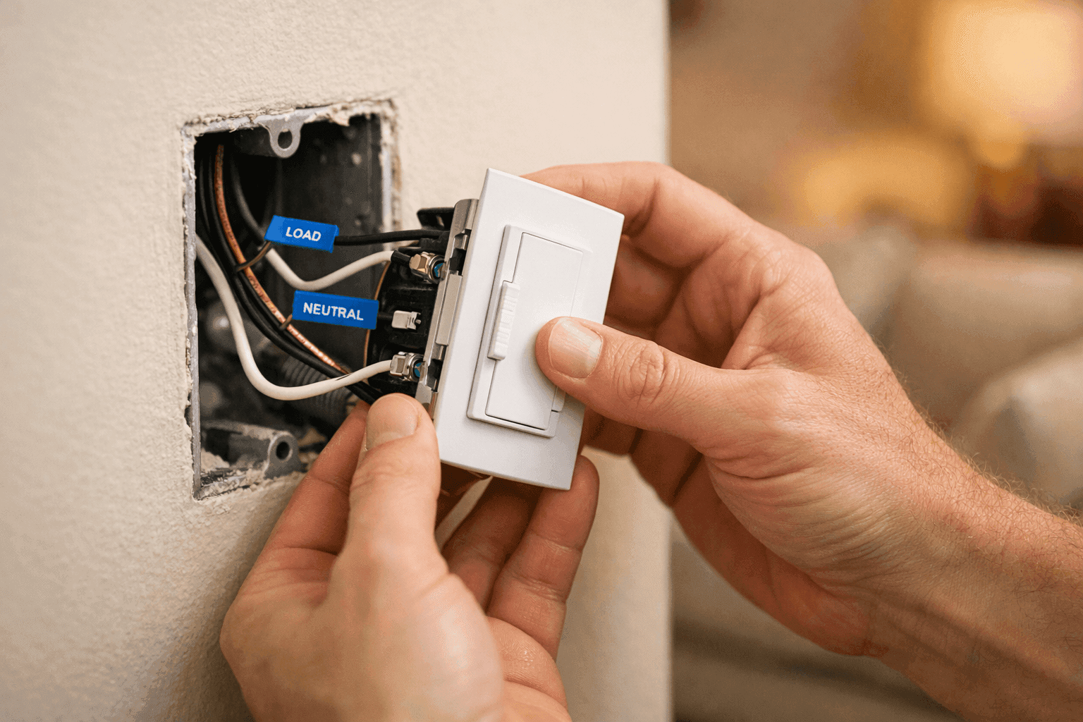 Homeowner installing a dimmer switch with electrical panel visible in background