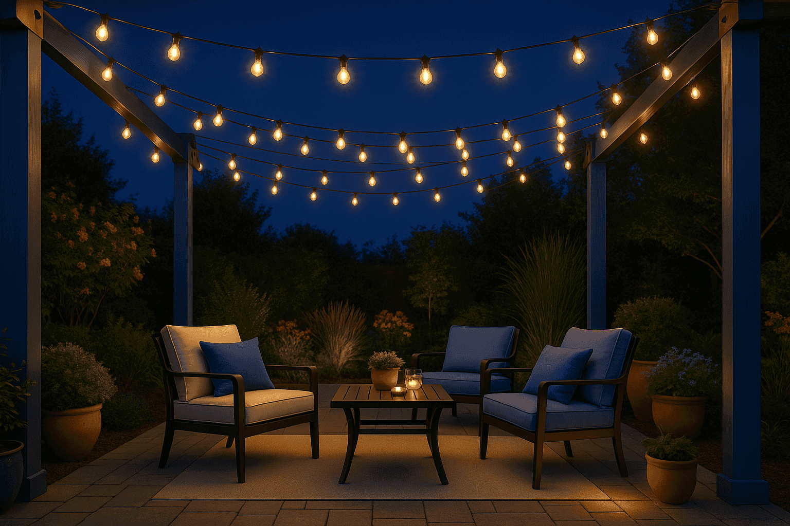 Beautifully installed string lights over a patio