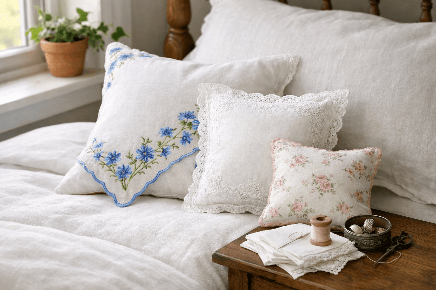 Three vintage handkerchief accent pillows with embroidered edges and printed floral designs arranged on a white linen bed in a soft cottage-style guest room
