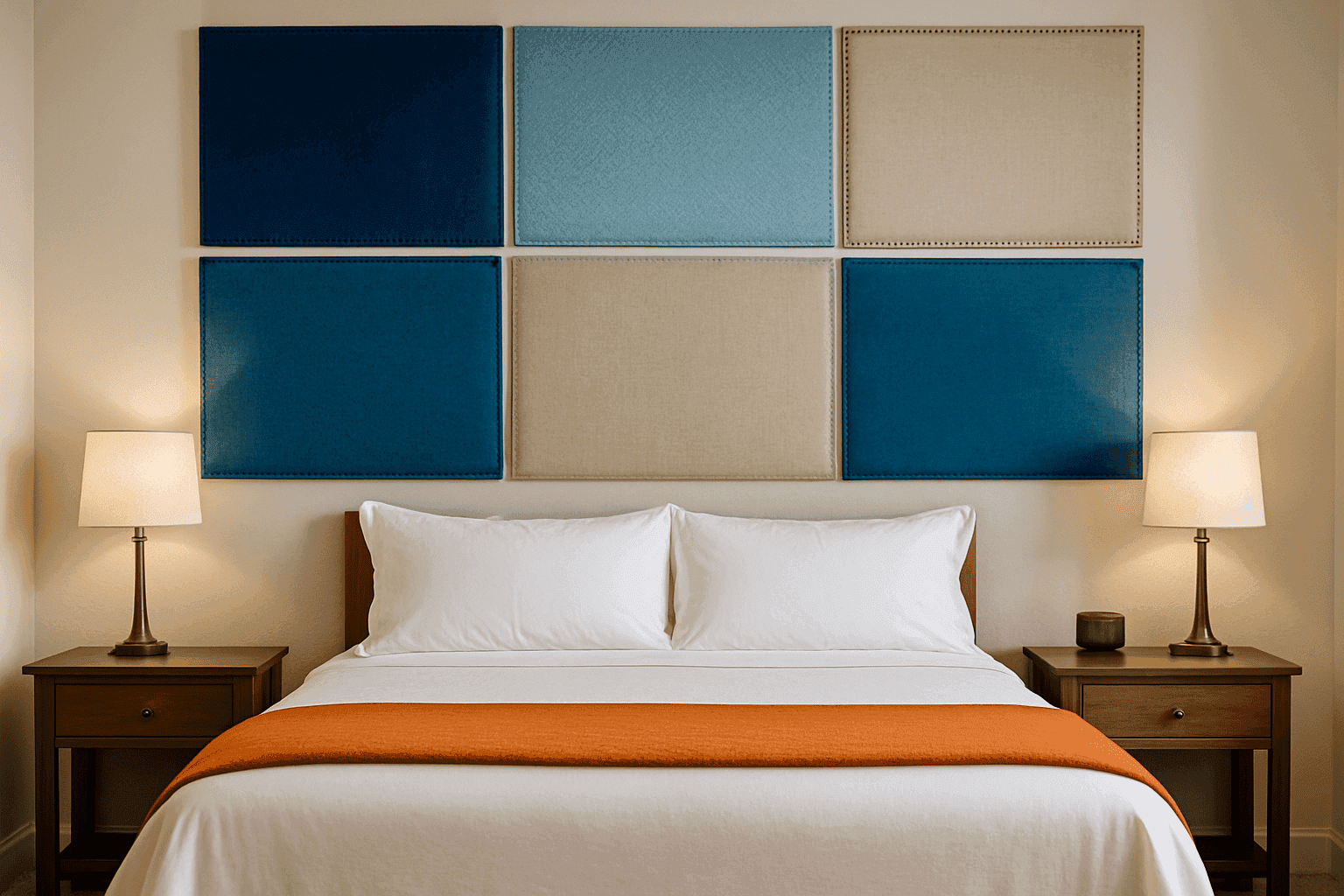 Bedroom with elegant fabric wall panels creating a sophisticated accent wall