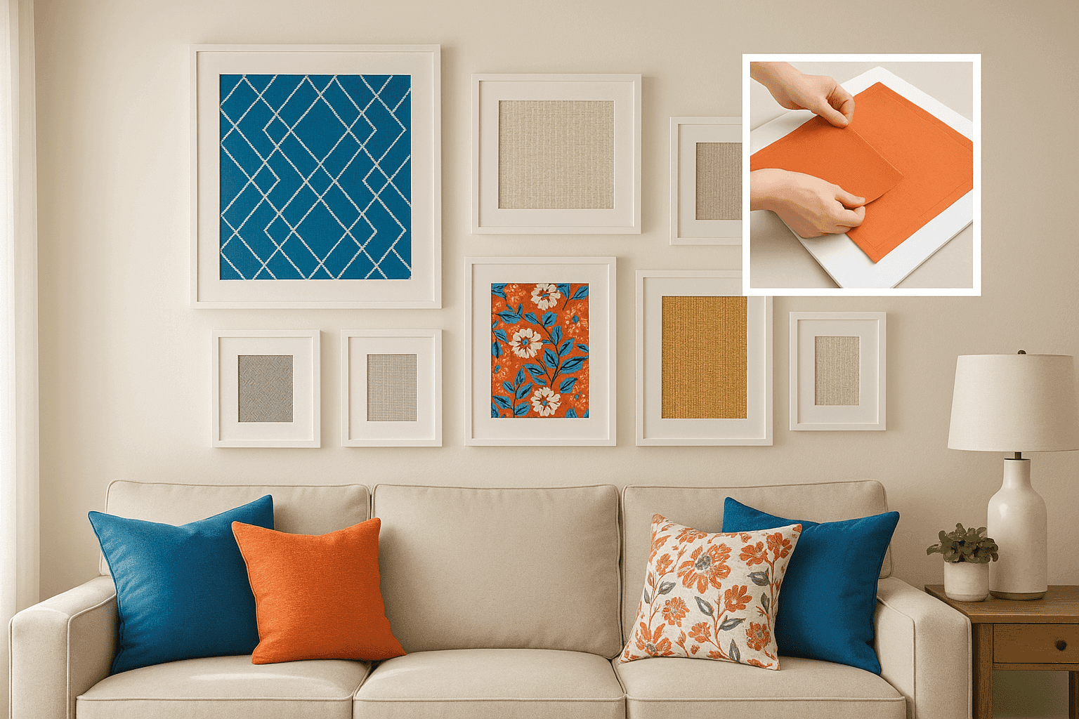 Gallery wall with framed colorful fabric pieces in various patterns and textures