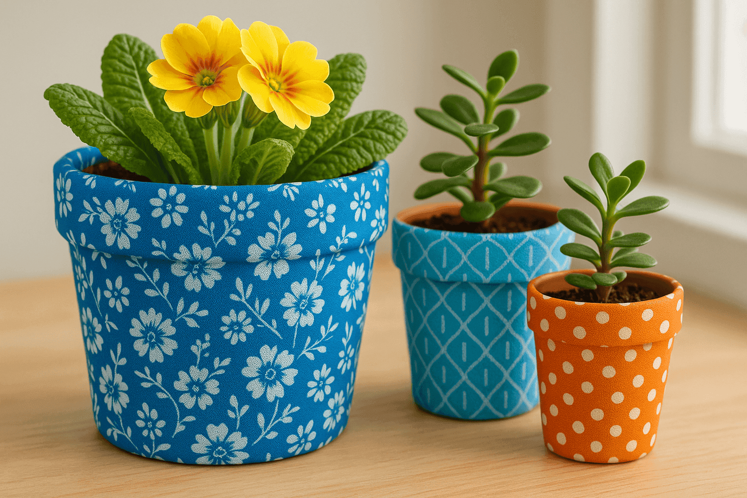 Colorful fabric-wrapped planters with spring flowers