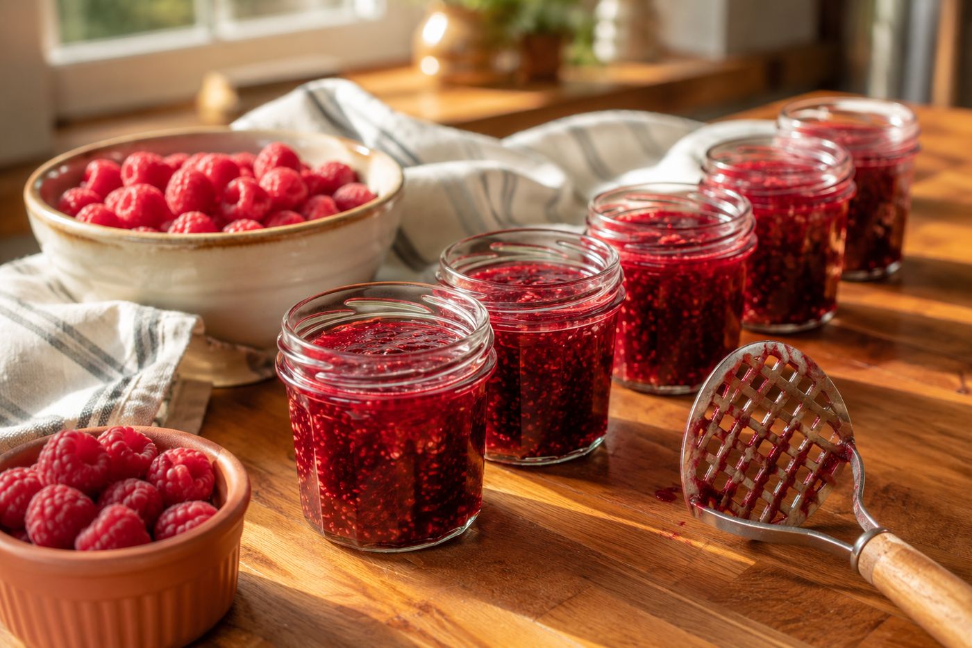 Jars of homemade raspberry freezer jam with fresh berries scattered nearby on a kitchen counter