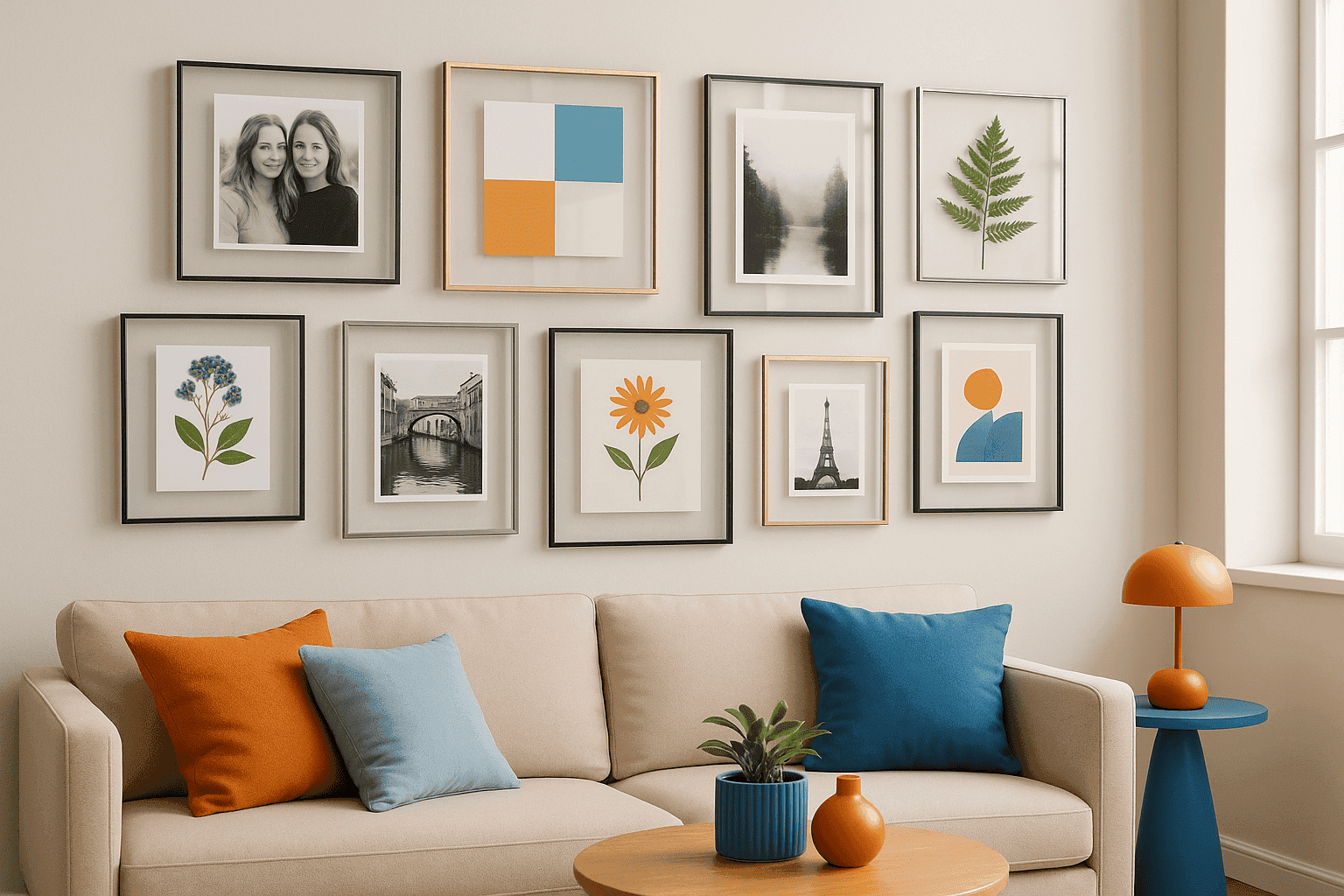 Modern living room wall with artfully arranged floating frames displaying photographs and art