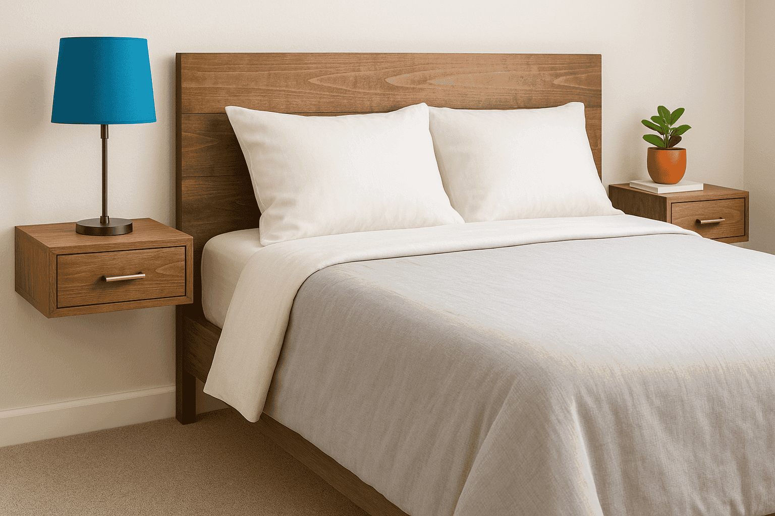 Modern bedroom with floating wooden nightstands mounted beside the bed