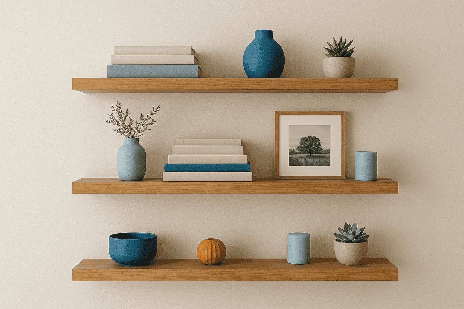 Modern living room wall with stylish floating wooden shelves displaying books and decorative objects