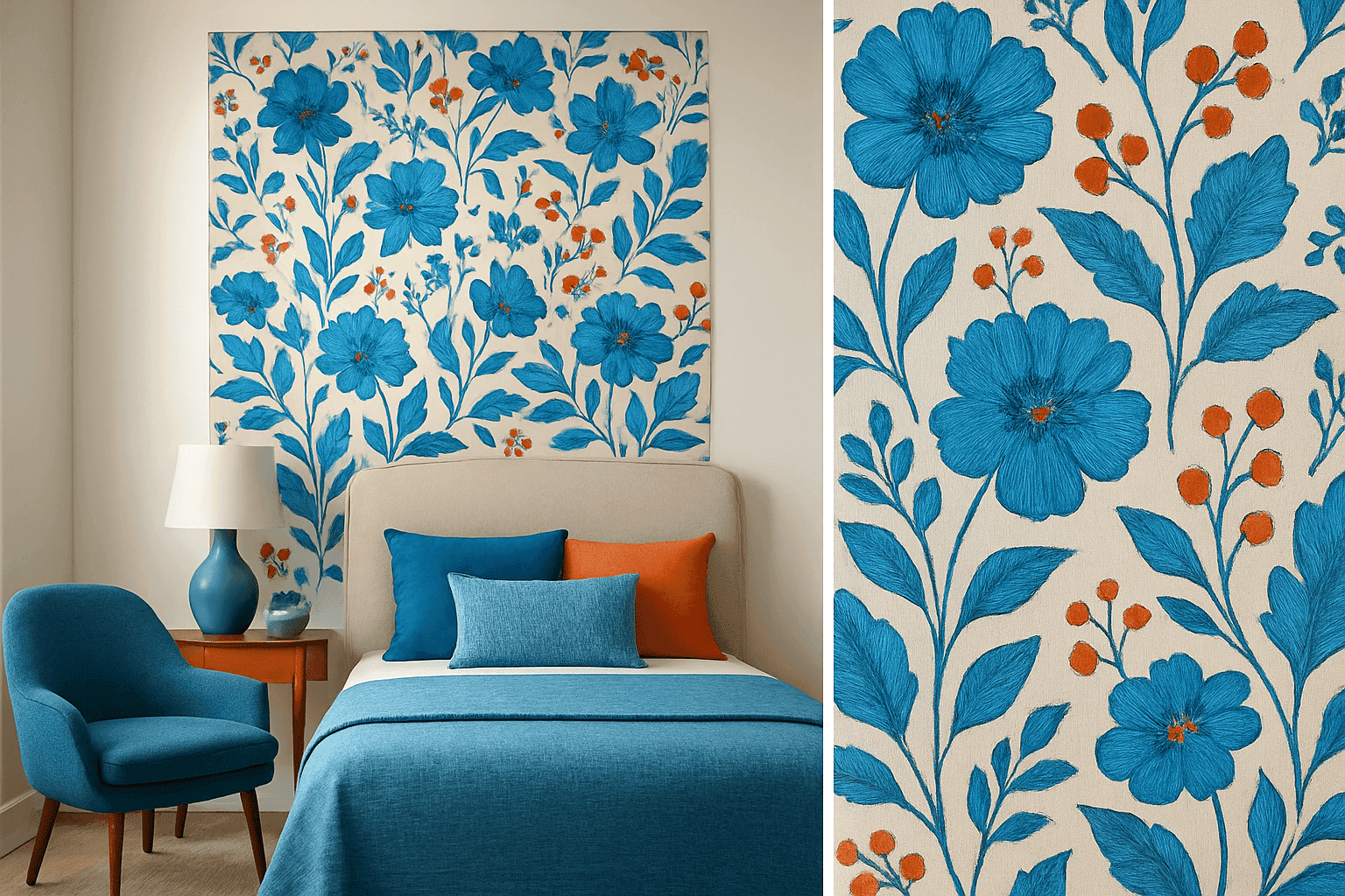 Beautifully styled room featuring a floral wallpaper accent panel behind a bed or sofa