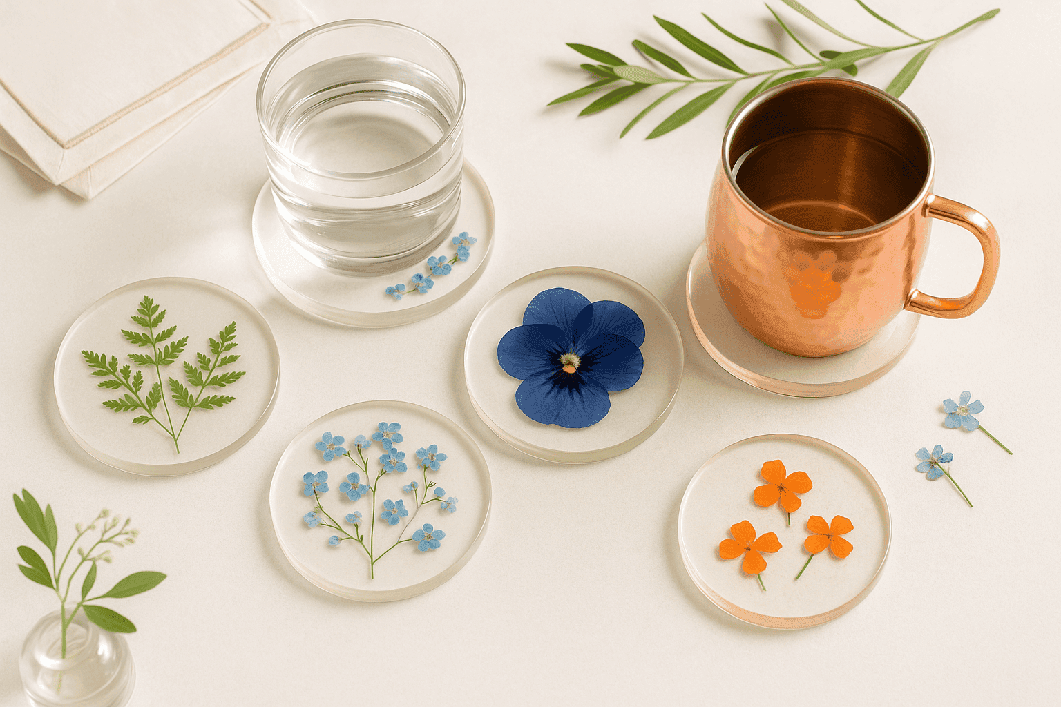 Beautiful pressed flower coasters with drinks
