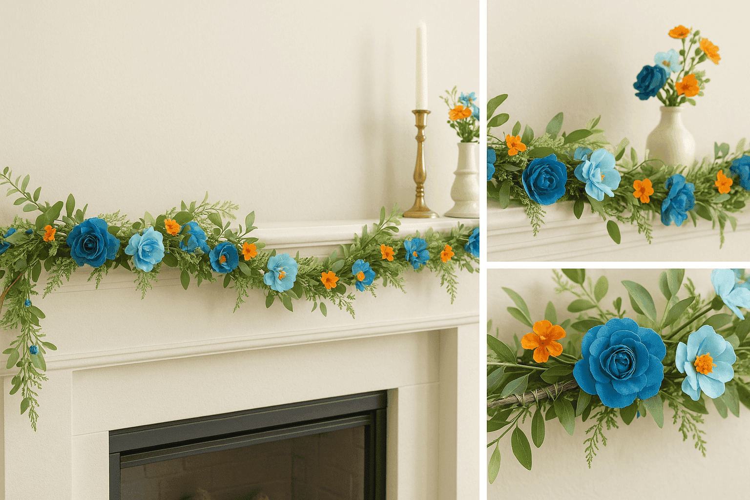 Beautiful flower garland draped across a mantel with spring decor