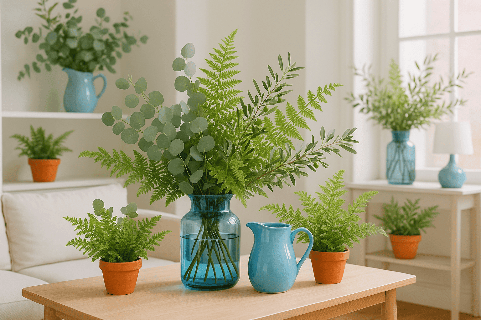 Stylish arrangement of fresh greenery in various vases