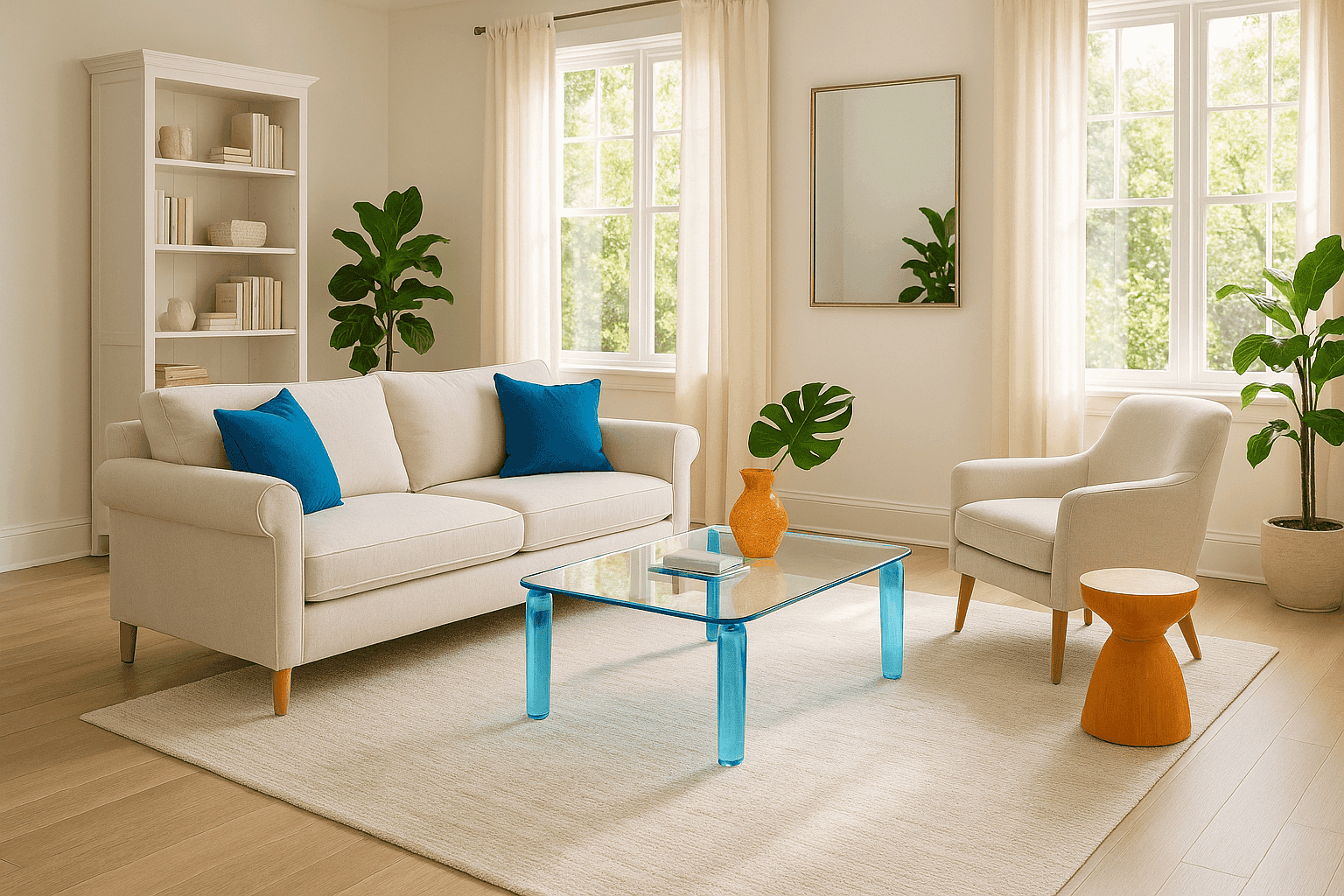 Bright living room with open furniture arrangement allowing natural light flow