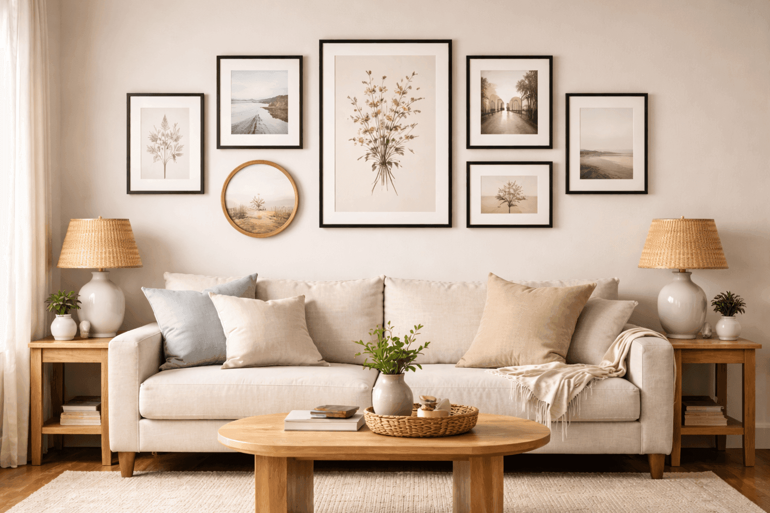 Curated gallery wall with mix of black frame sizes, one botanical print, two abstract pieces, and a round mirror, above a cream linen sofa