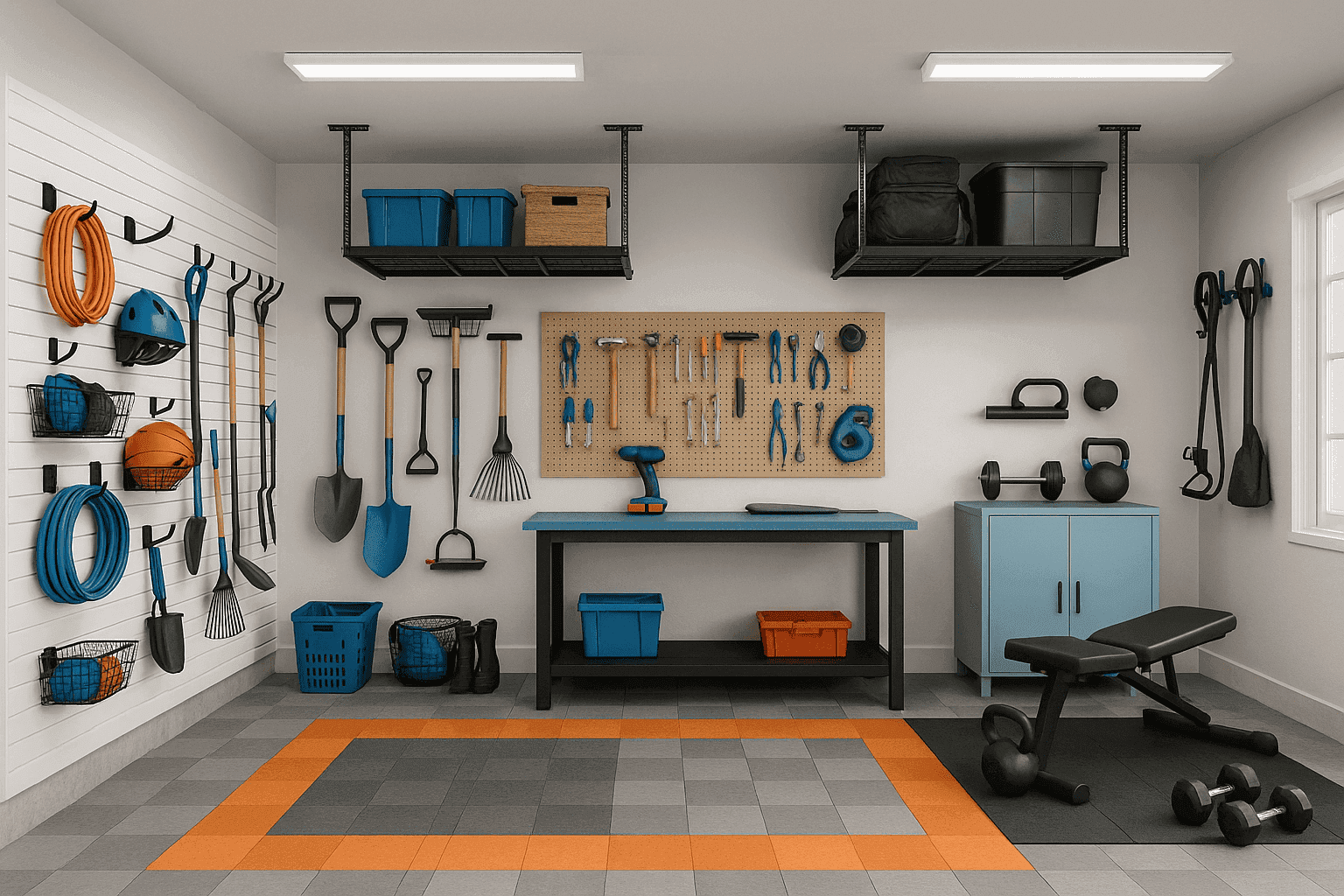 Organized garage with wall storage, workbench, and defined zones