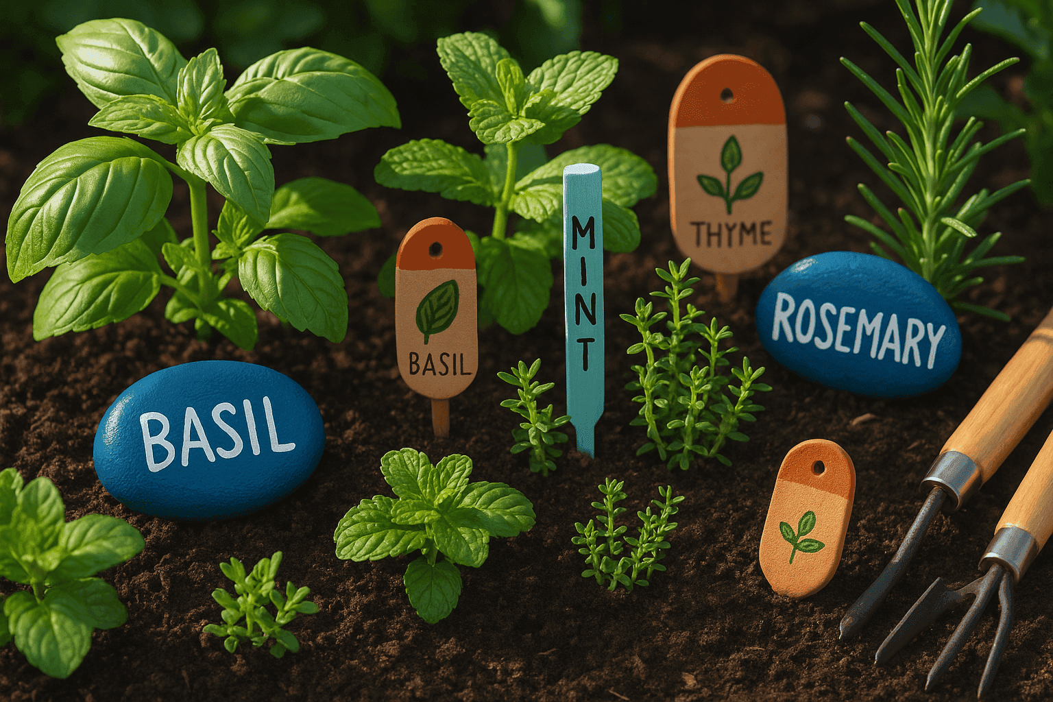 Colorful DIY garden markers in a herb garden