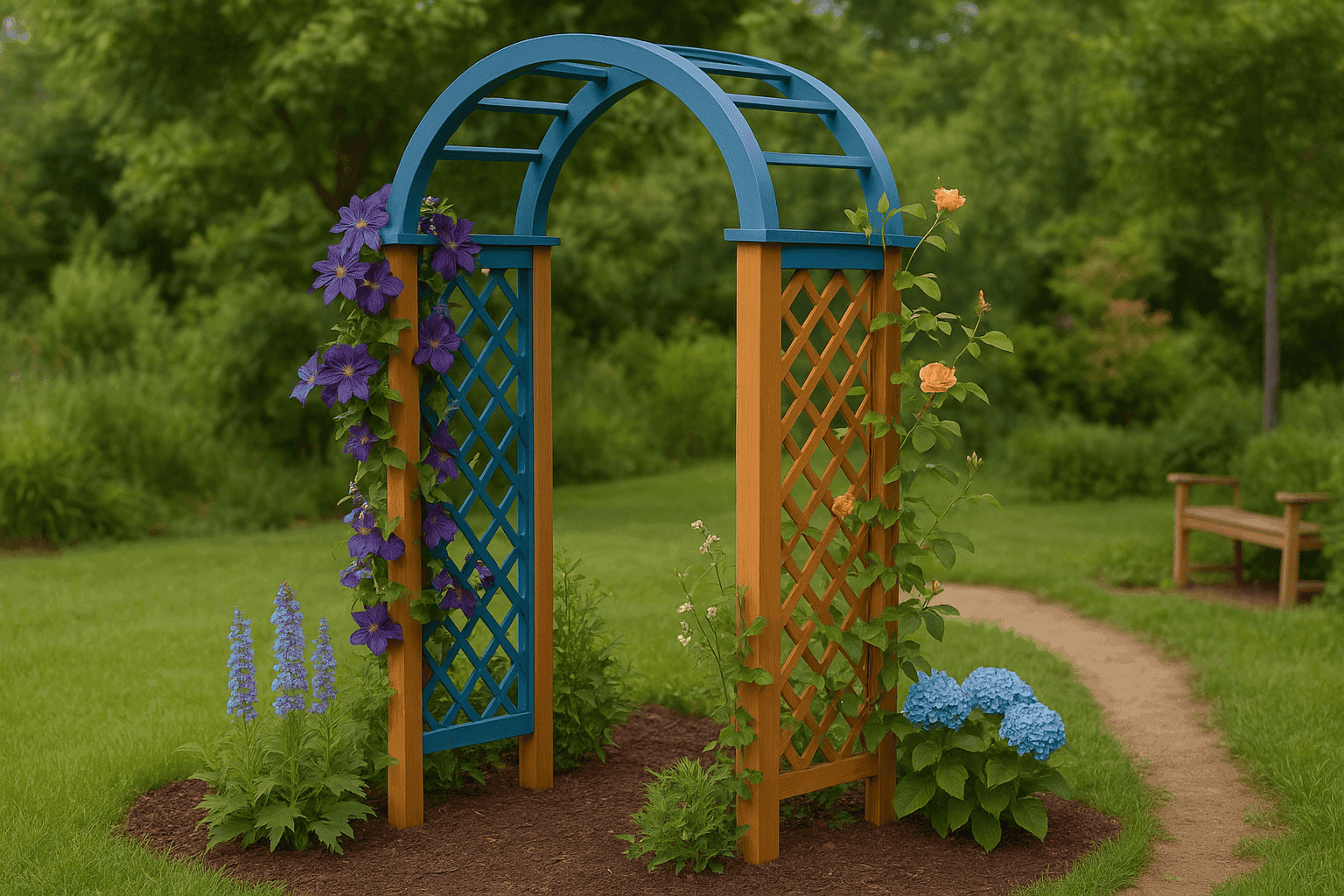 Beautiful garden trellis covered with flowering climbing plants