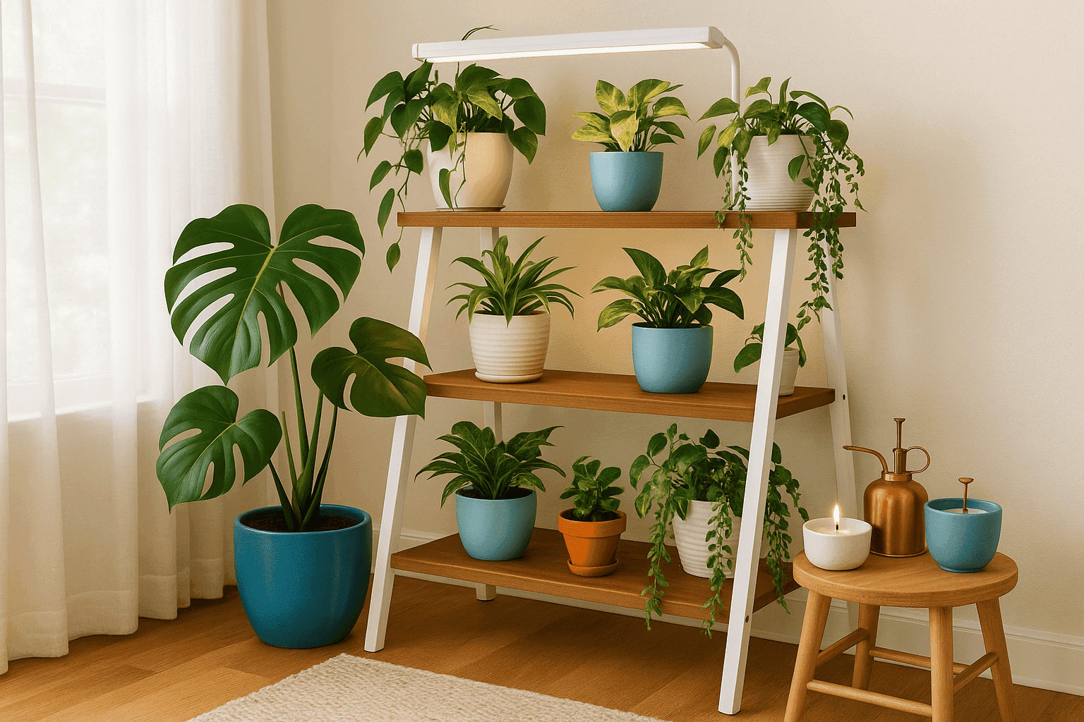 Beautiful indoor greenhouse corner with thriving plants