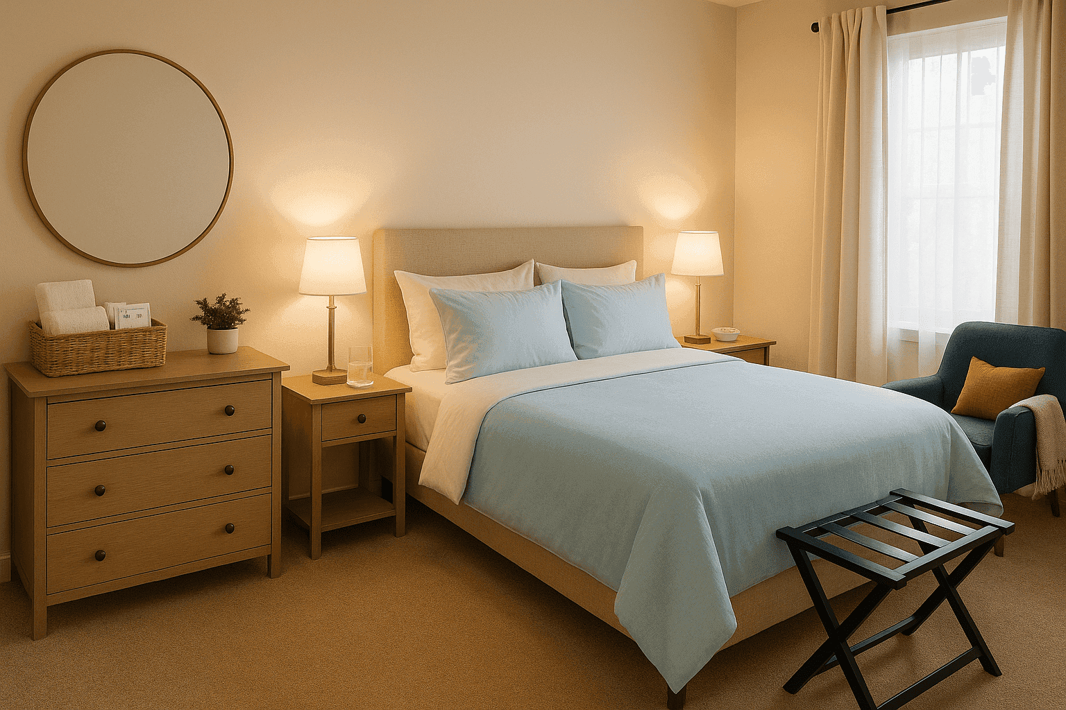 Inviting guest bedroom with comfortable bed, soft lighting, and thoughtful amenities