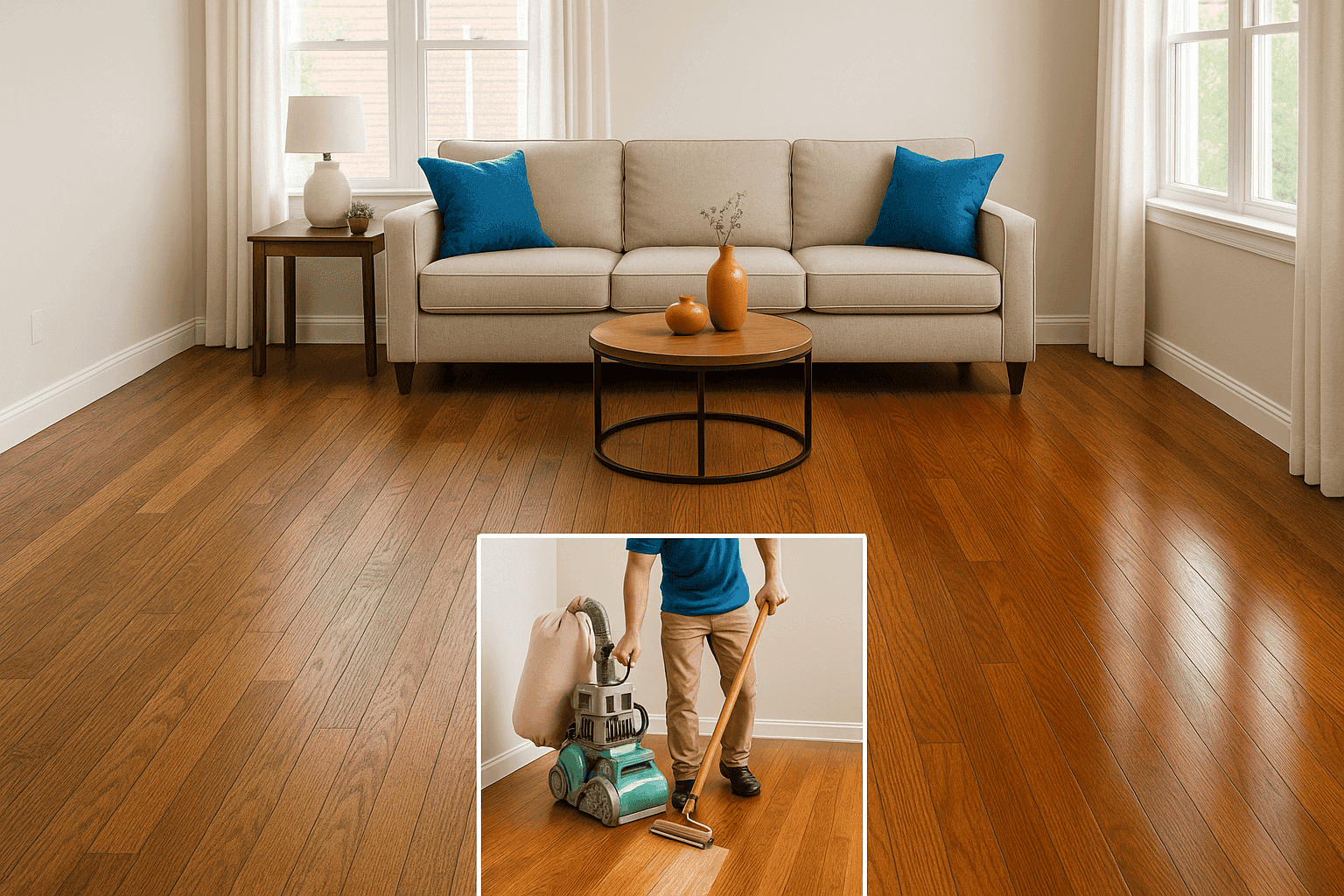 Before and after of refinished hardwood floor in living room
