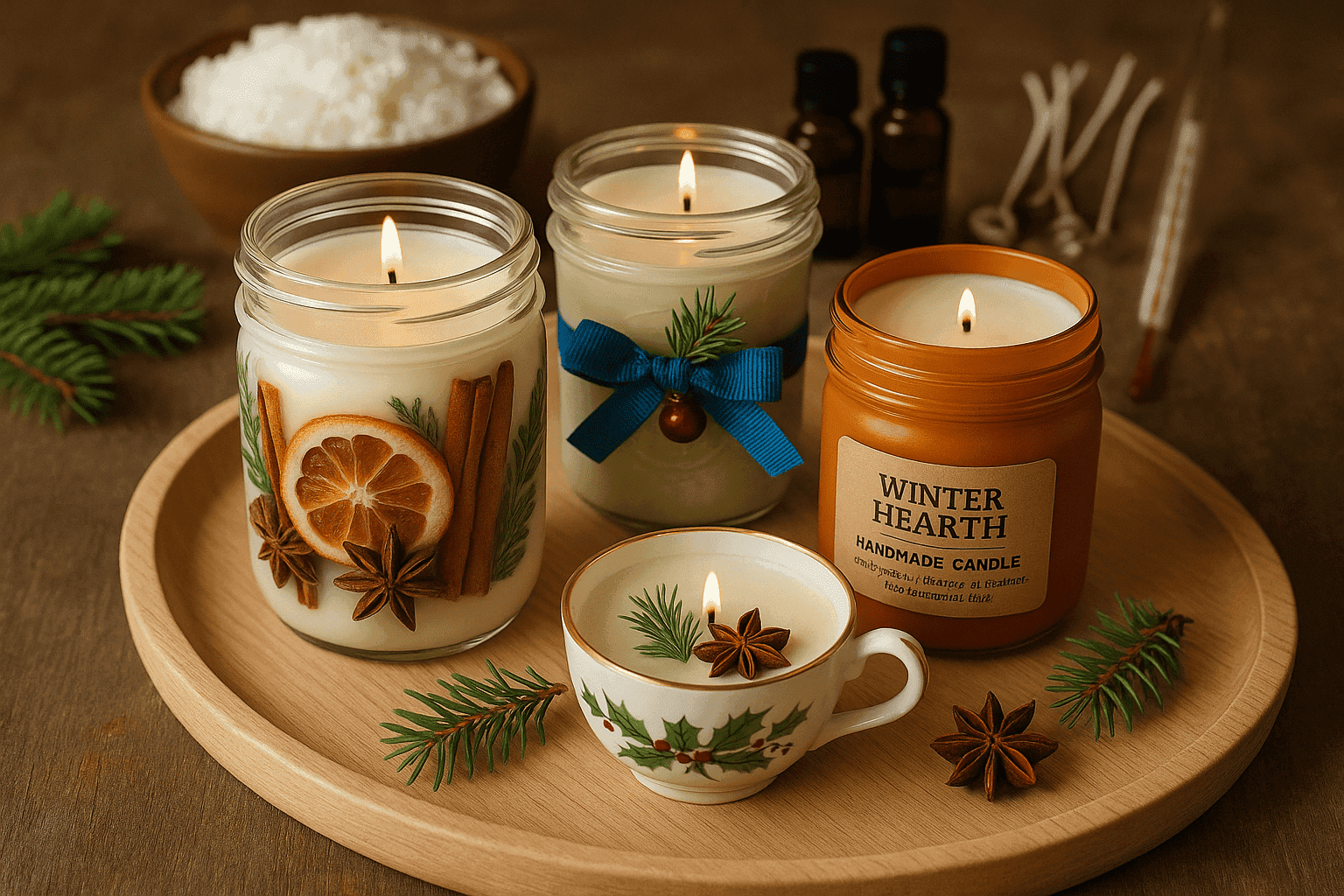 Handmade holiday candles with festive decorations and natural elements