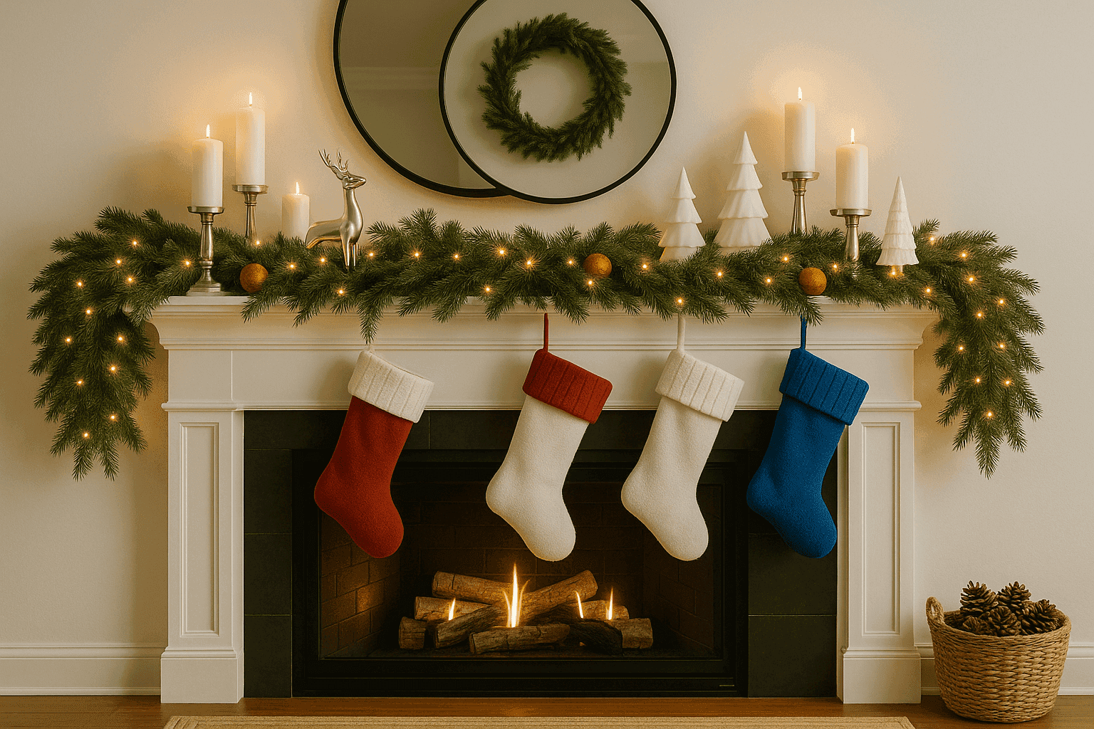 Beautifully decorated holiday mantel with garland, stockings, and festive lighting