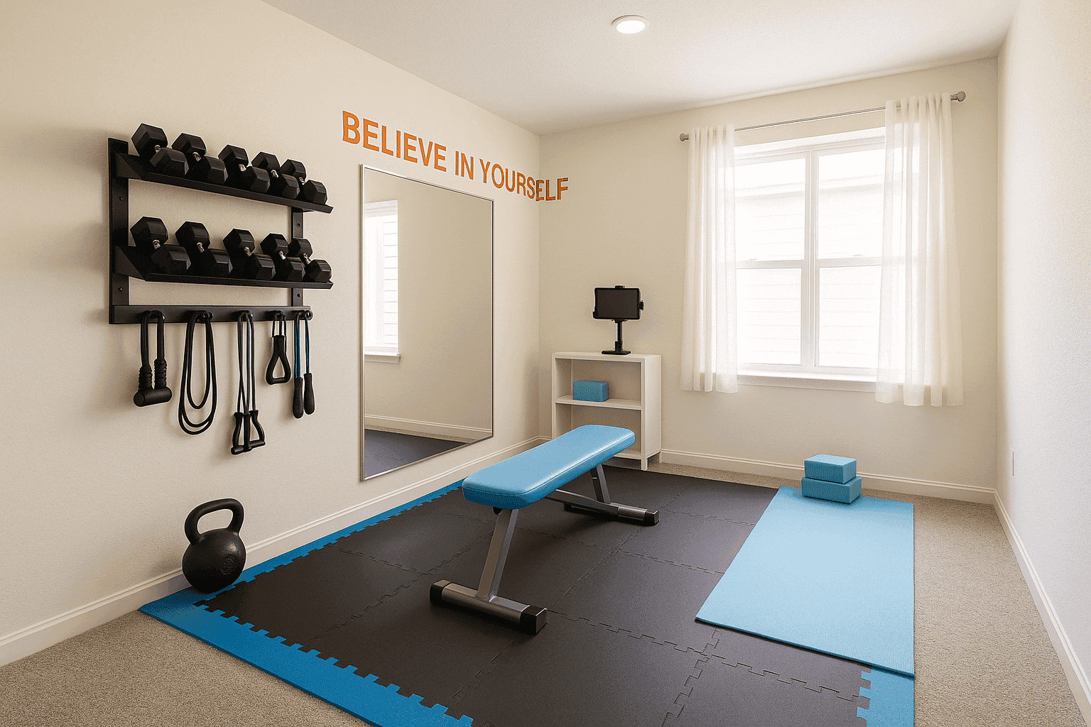 Home gym with exercise equipment, mirror wall, and motivational decor
