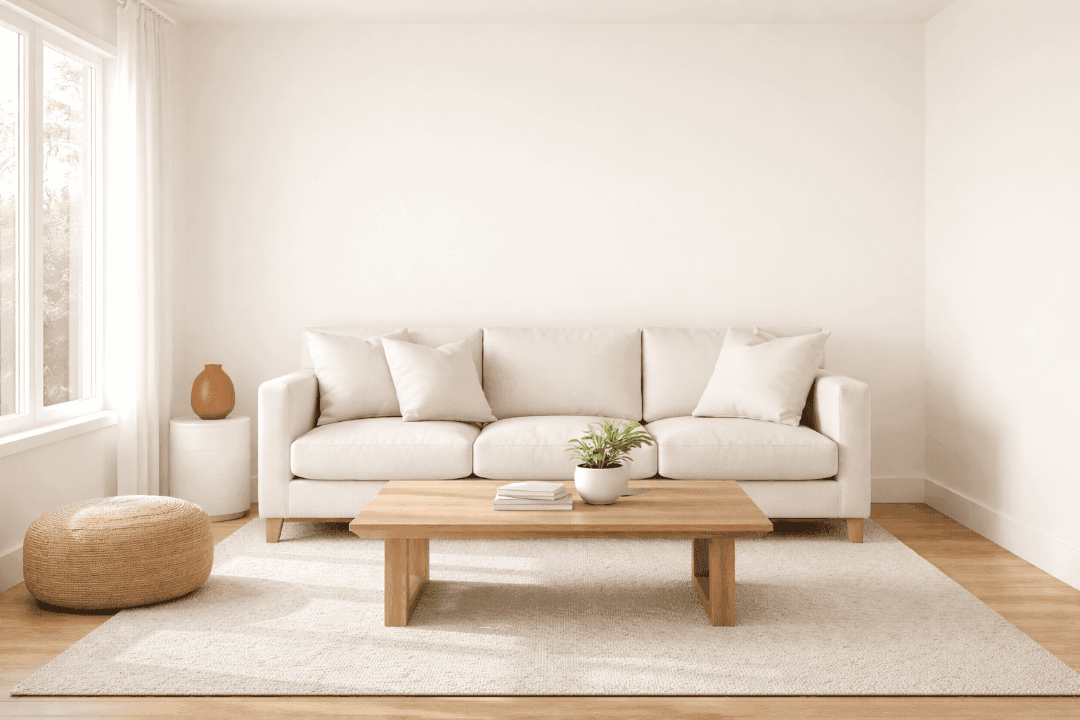 Bright, uncluttered living room staged with neutral linen sofa, simple coffee table styling, and warm natural light