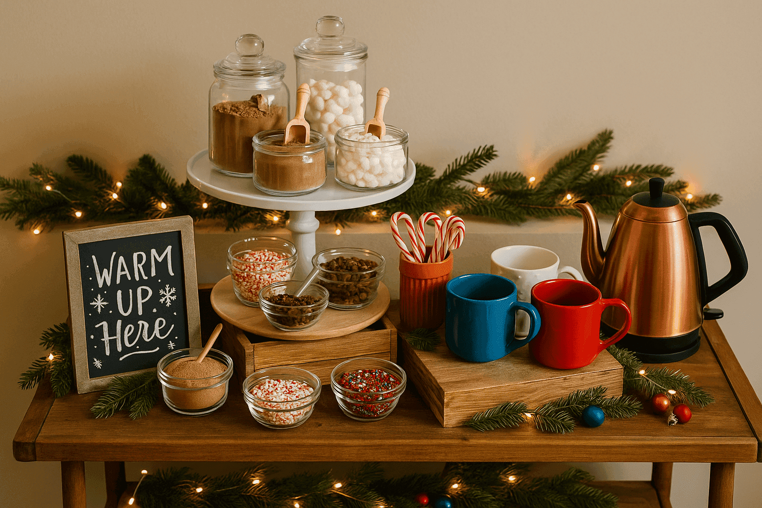 Beautifully styled hot cocoa station with mugs, toppings, and festive decorations