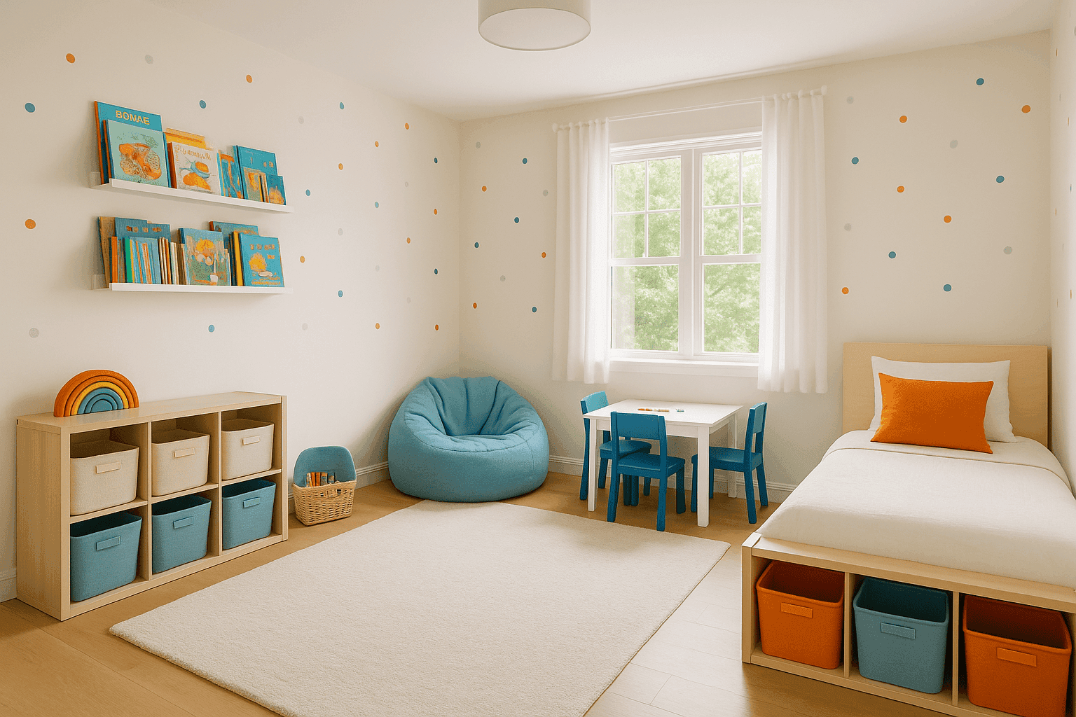 Colorful kid's room with reading nook and creative storage solutions