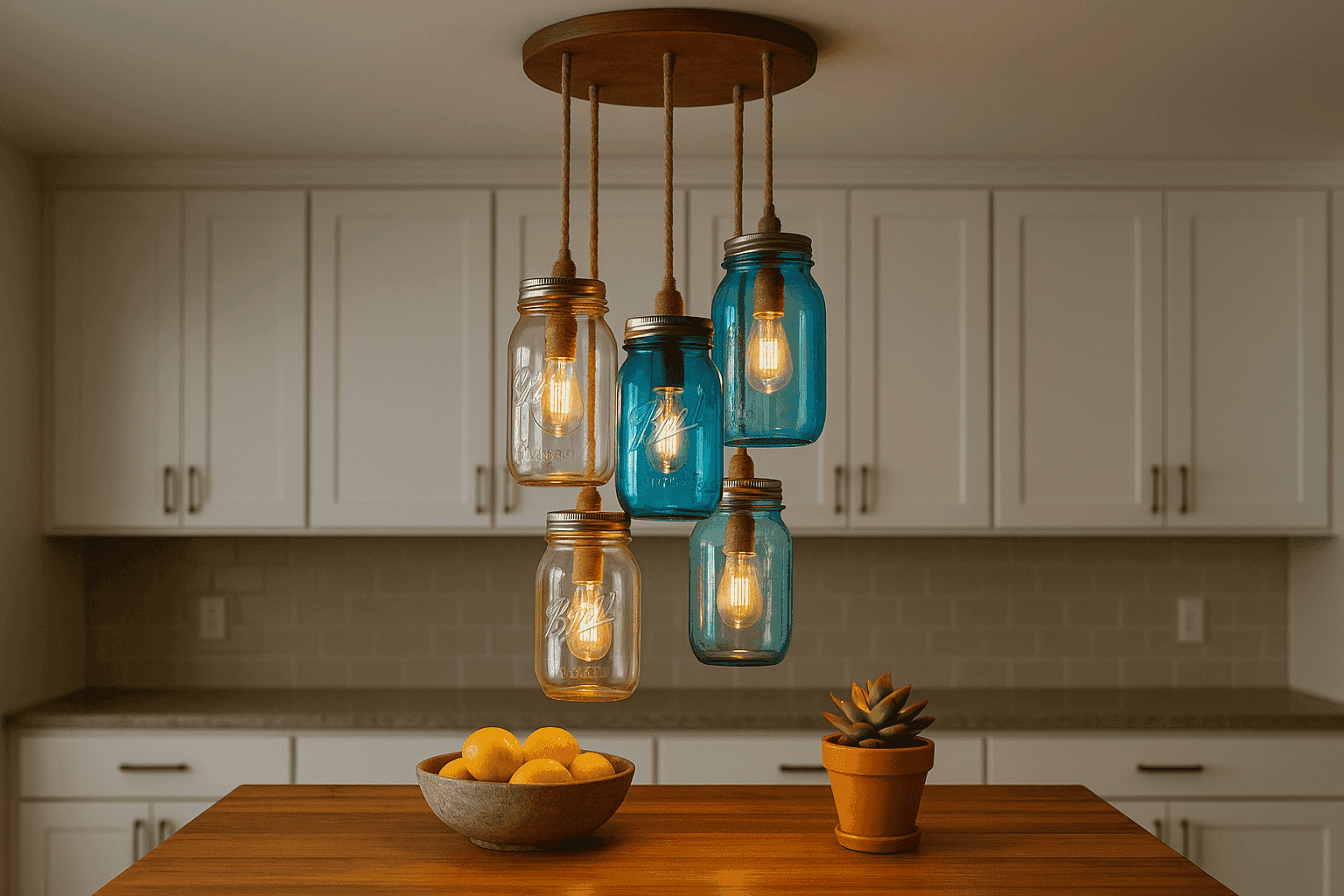 DIY mason jar pendant lights illuminating a kitchen island