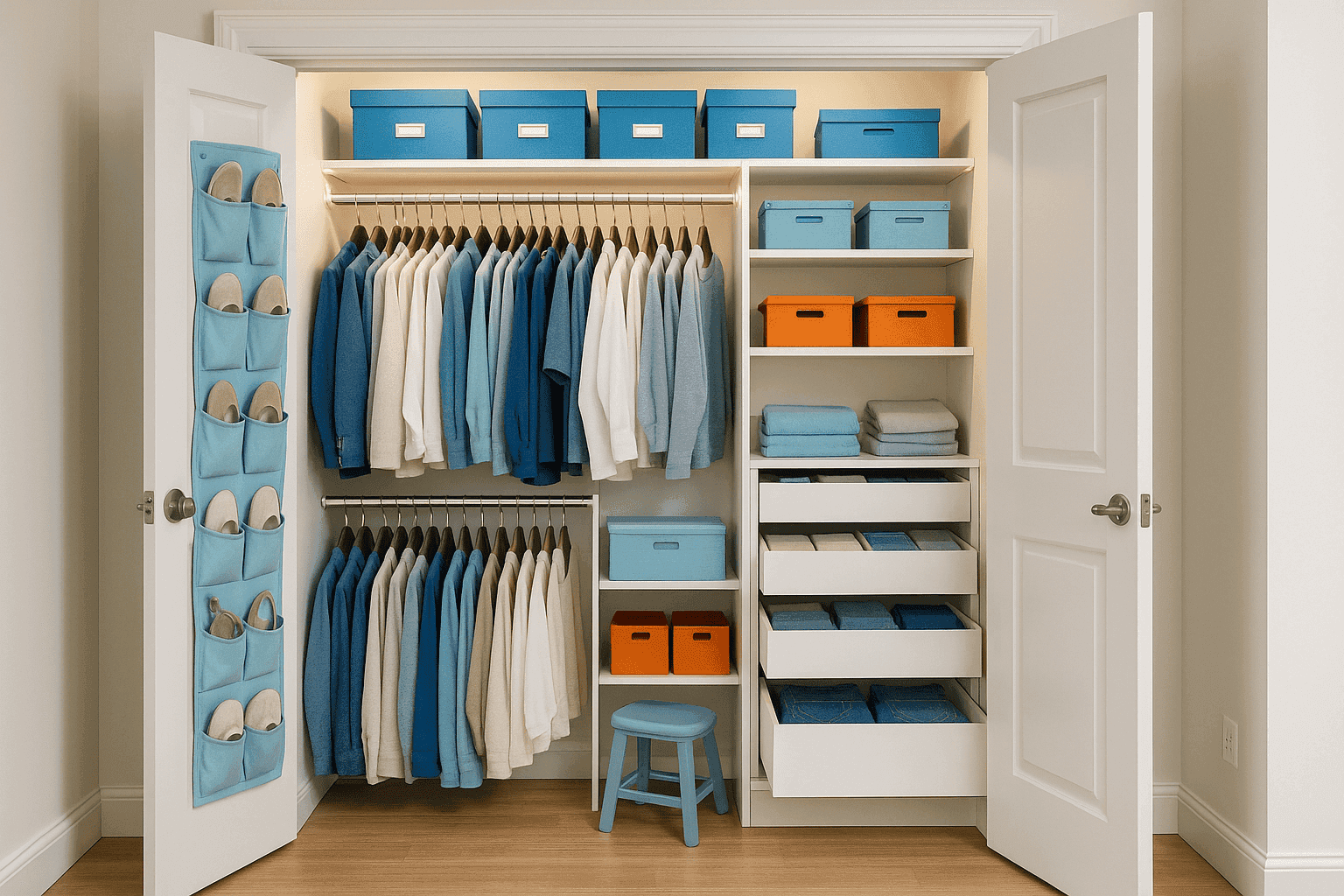 Before and after of a transformed reach-in closet with custom shelving, drawers, and hanging space