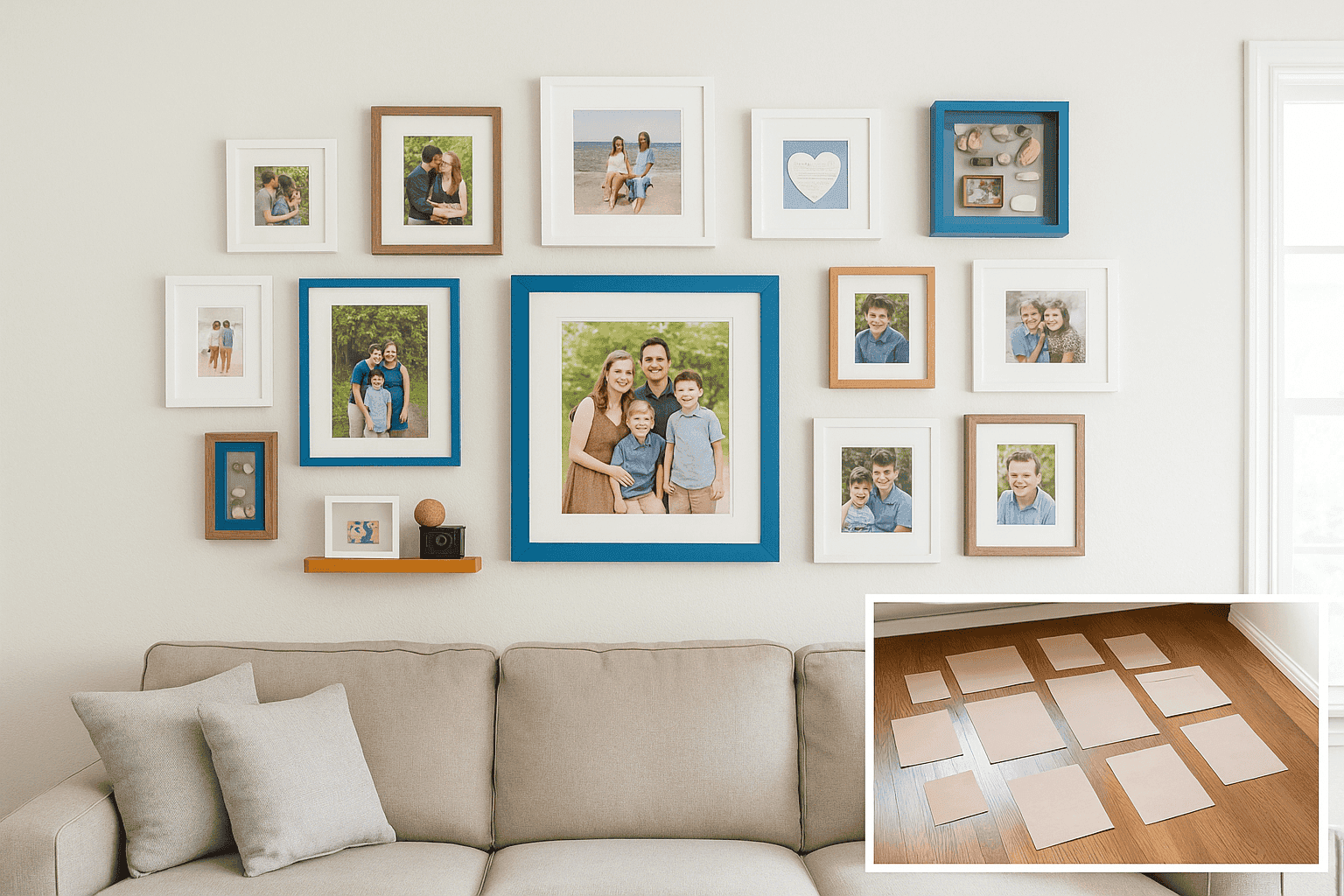 Stylish memory wall with framed photos and mementos in a living room