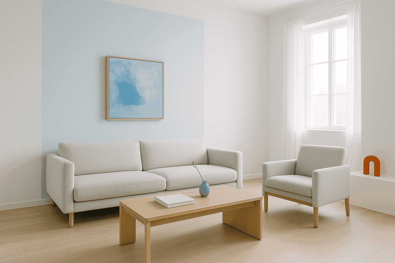 Minimal living room with clean lines, neutral colors, and thoughtful decoration