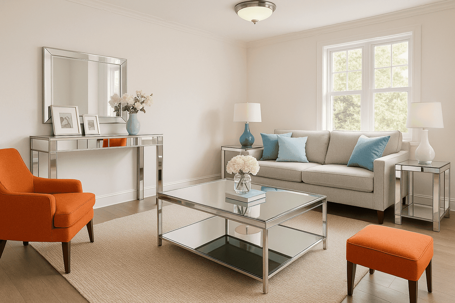 Living room with mirrored coffee table and accent pieces