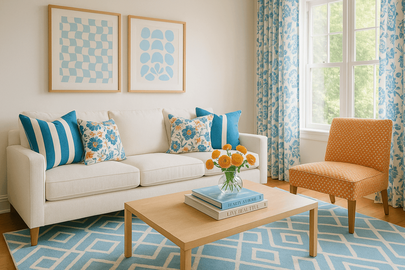 Living room with mixed patterns in blue and orange tones