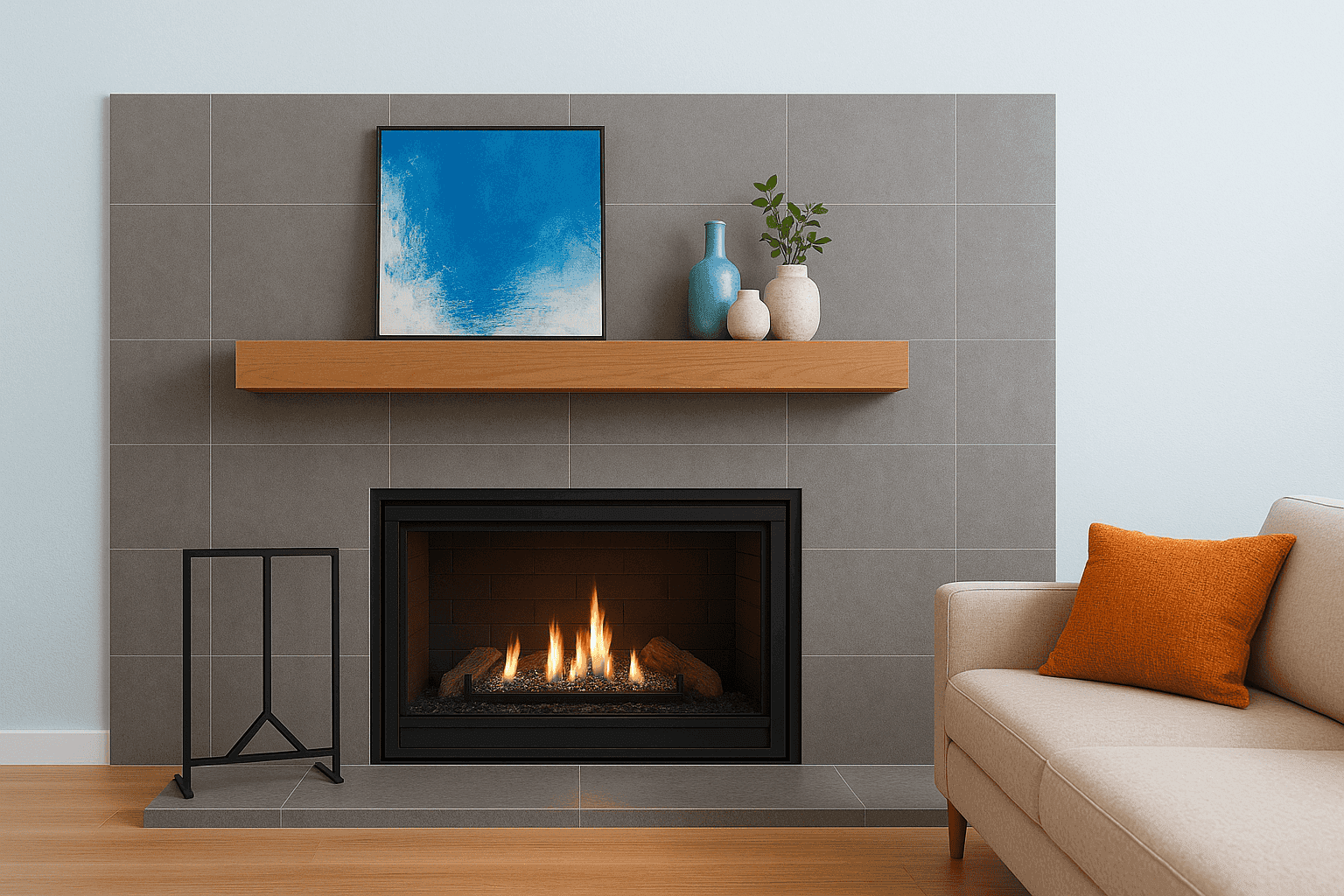 Modern fireplace with updated surround, mantel, and stylish decor