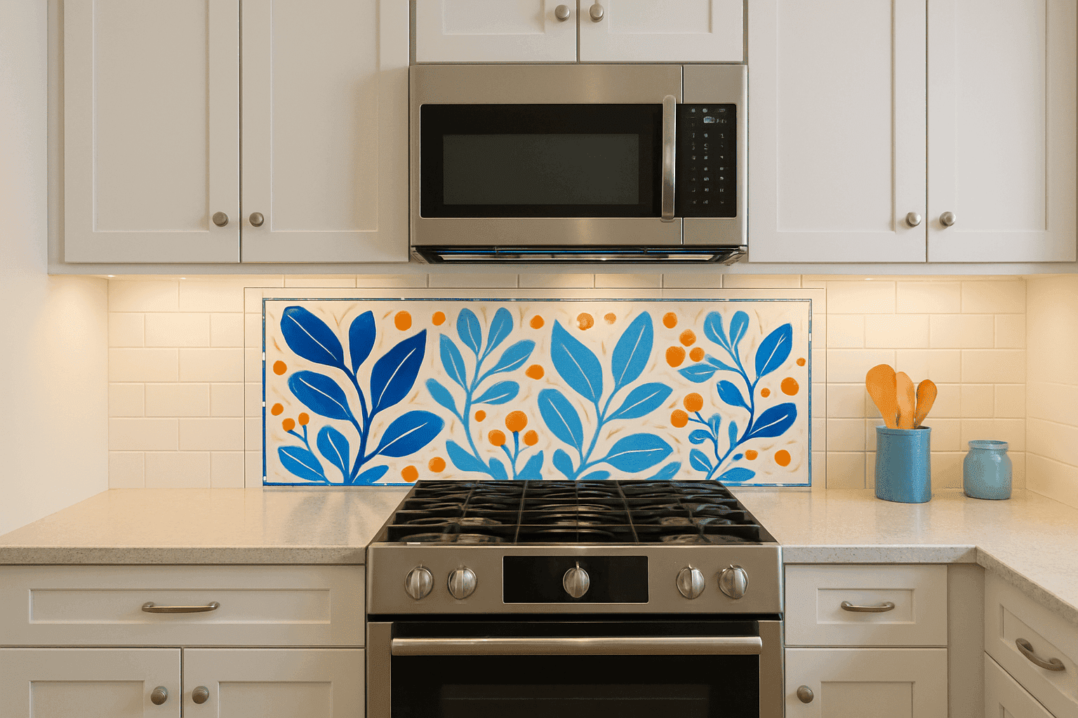 Kitchen with stunning custom tile backsplash mural
